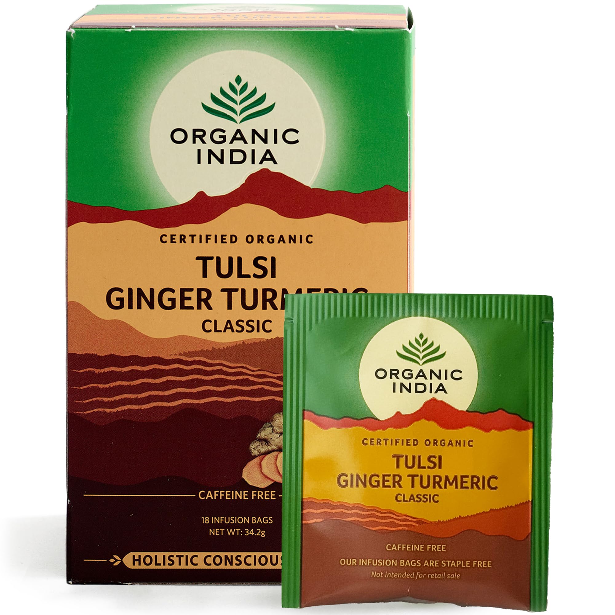 ORGANIC INDIA Tulsi Ginger Turmeric Herbal Tea - Caffeine-Free, Certified Organic, 18 Count Teabags 1