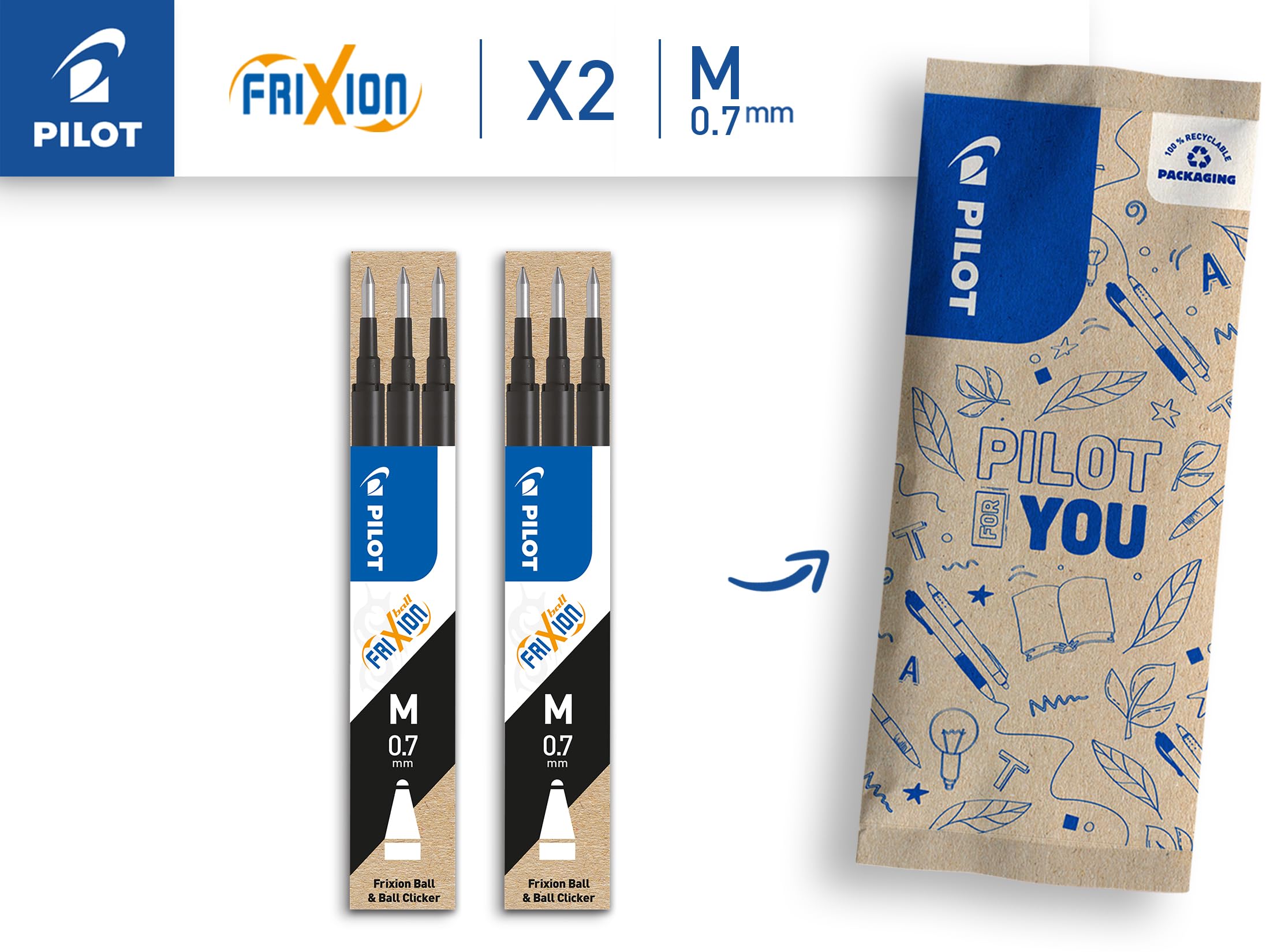 PILOT FriXion Rollerball Refill - 0.7mm Black Ink | Erasable Gel Paste | Pack of 6
