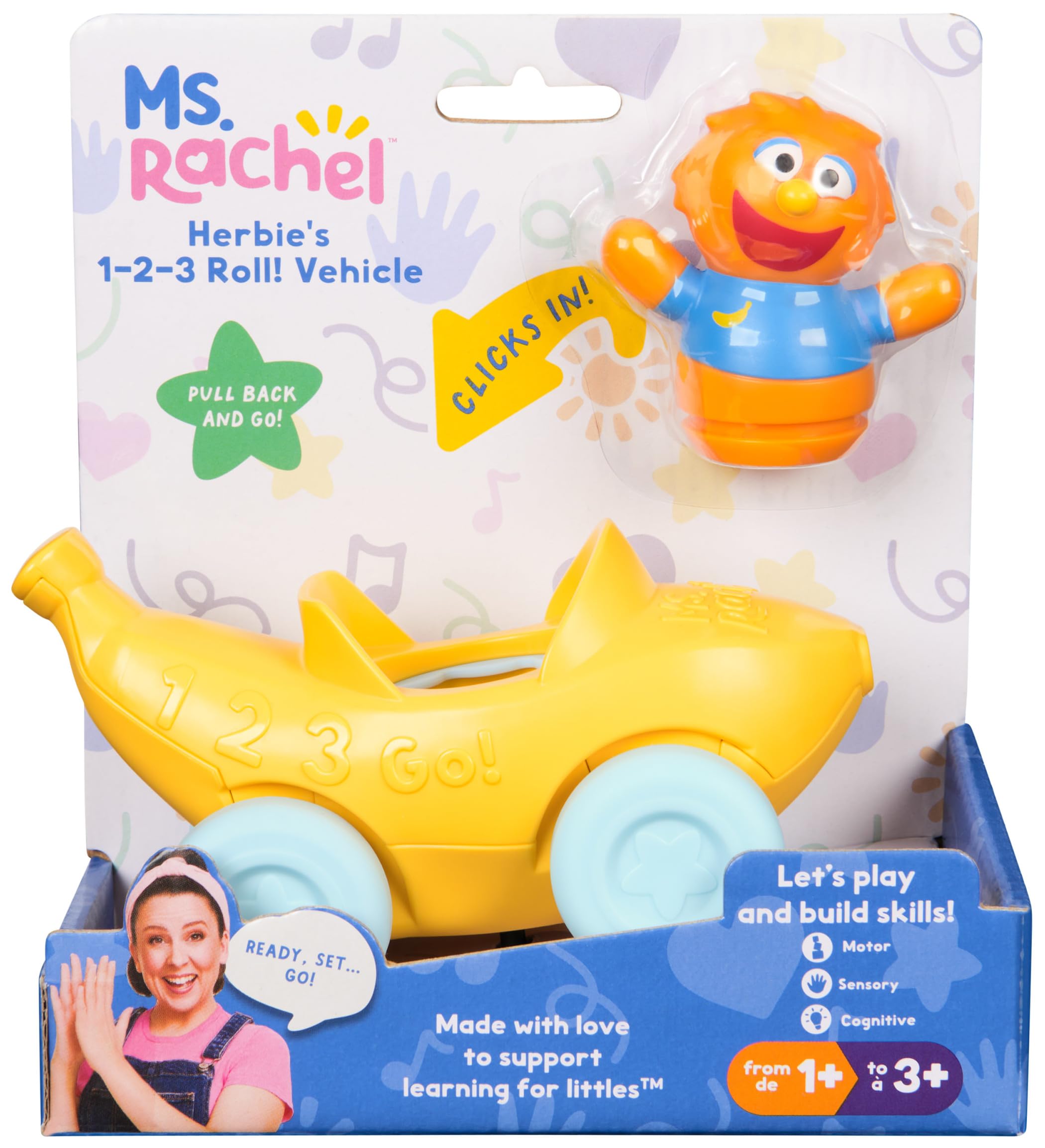 Ms. Rachel Herbie’s 1-2-3 Roll! Vehicle with Click-in Figure | Pull Back & Go | Ages 12+ Months