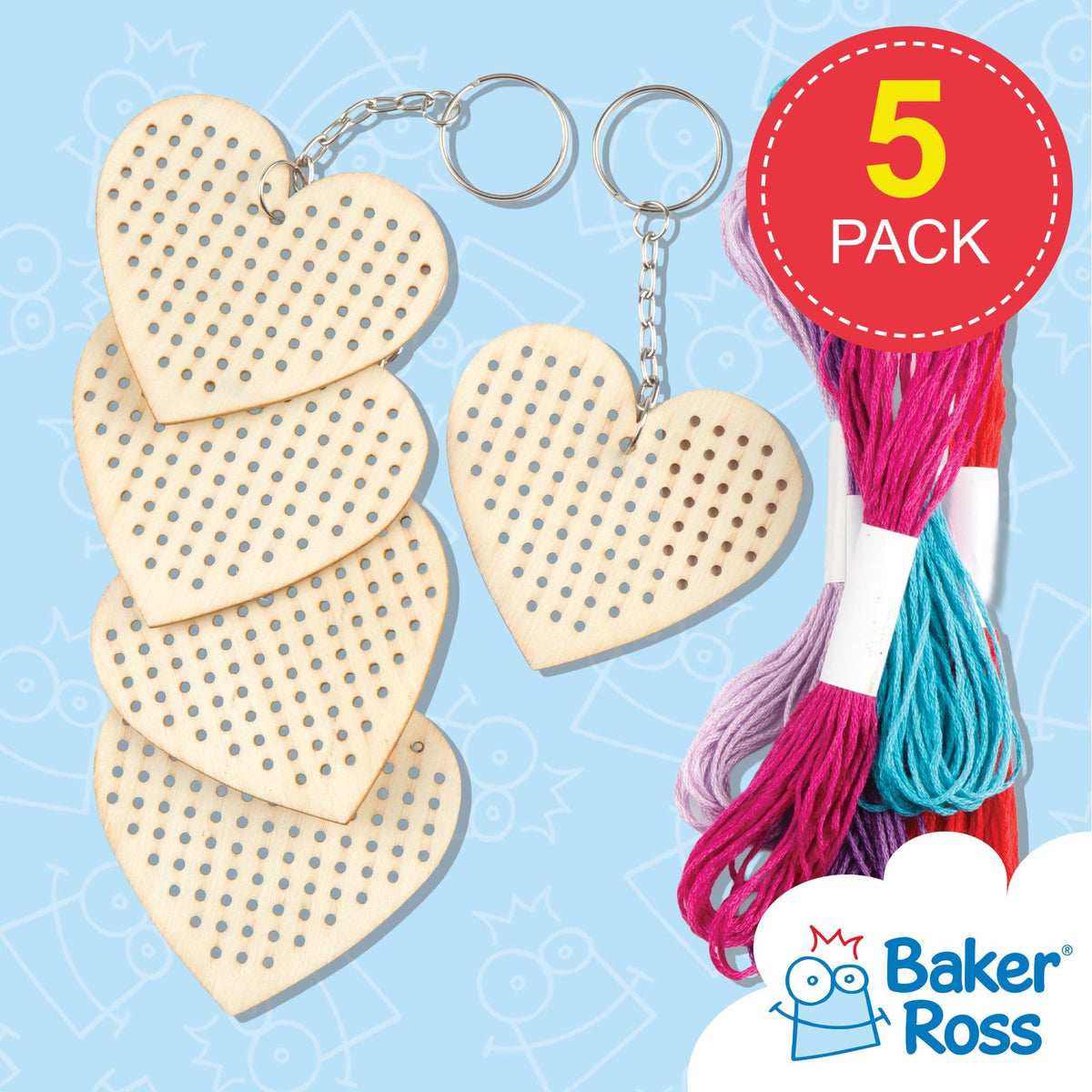 Baker Ross Wooden Heart Cross Stitch Keyring Kit - Pack of 5, 7 cm