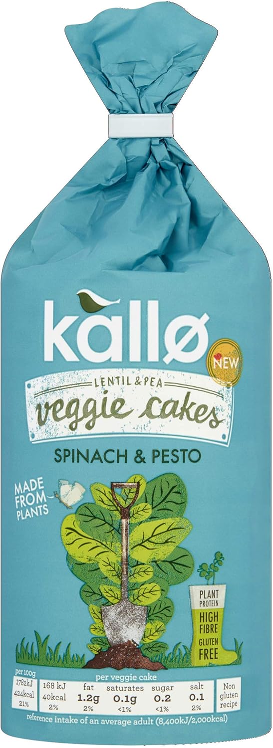 Kallo Spinach & Pesto Veggie Cakes, Lentil & Pea Puffed Crackers Made From Plant
