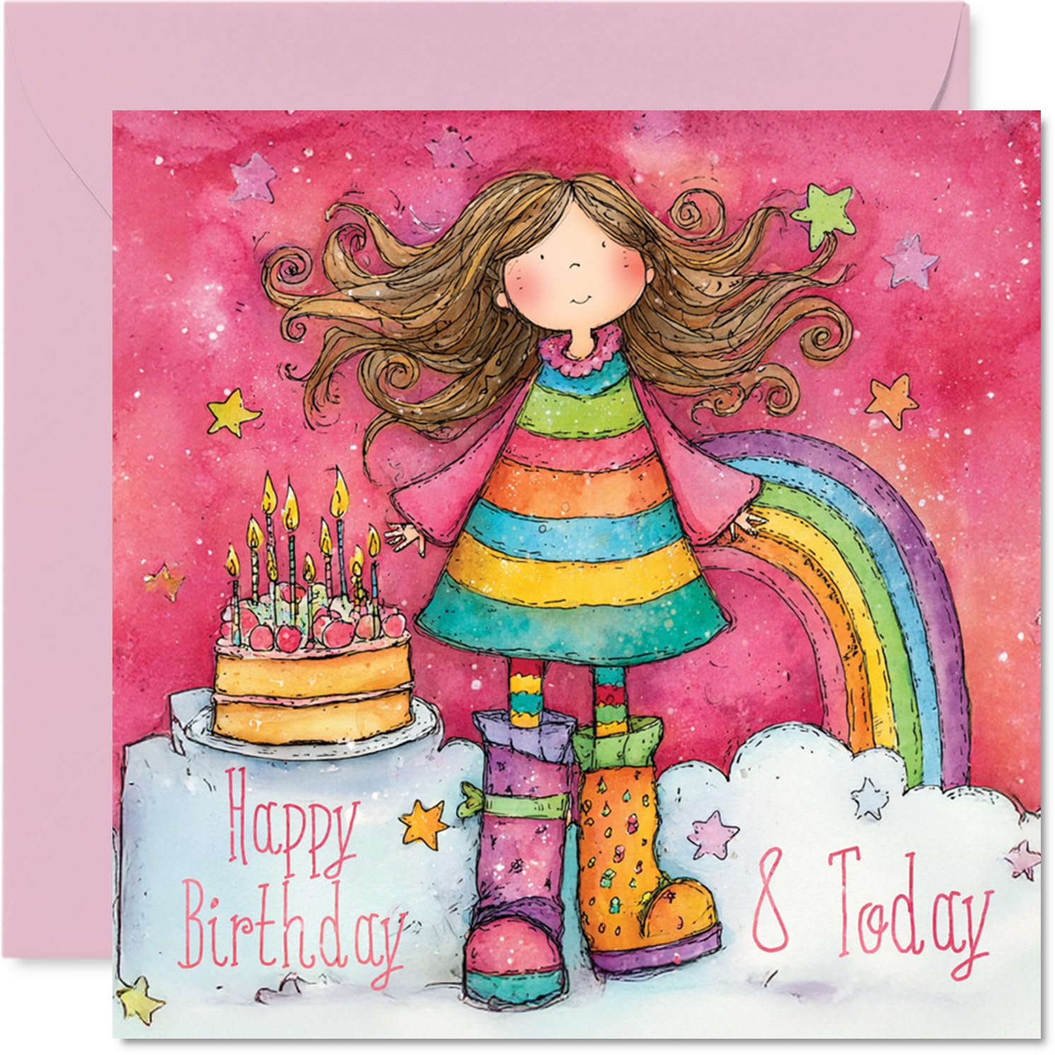 Stuff4 Girls 8th Birthday Card - Rainbow Cake Design | 145mm x 145mm | Blank Inside