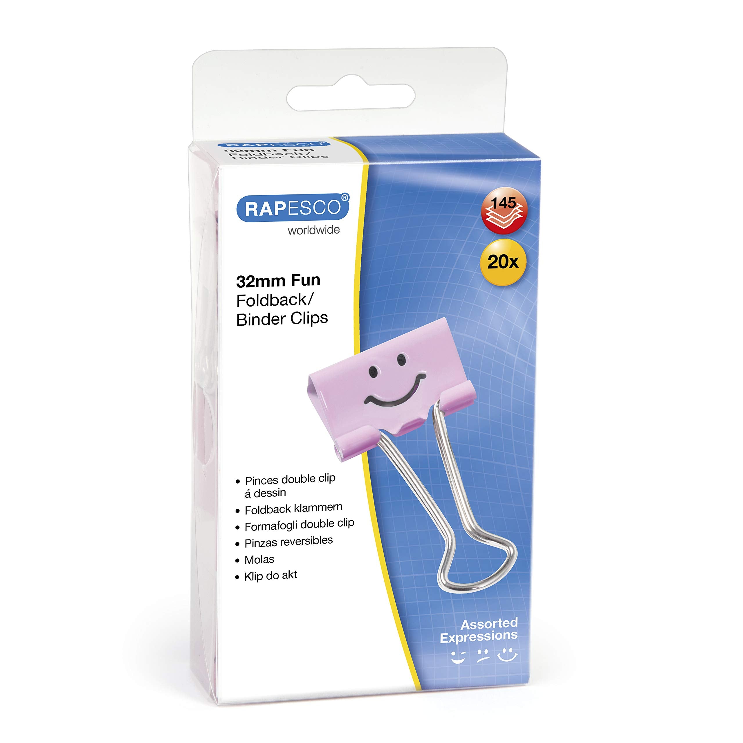 RAPESCO Fold-Back Binder Clips - 1-1/4-Inch, Assorted Emojis, Candy Pink, Box of 20 1