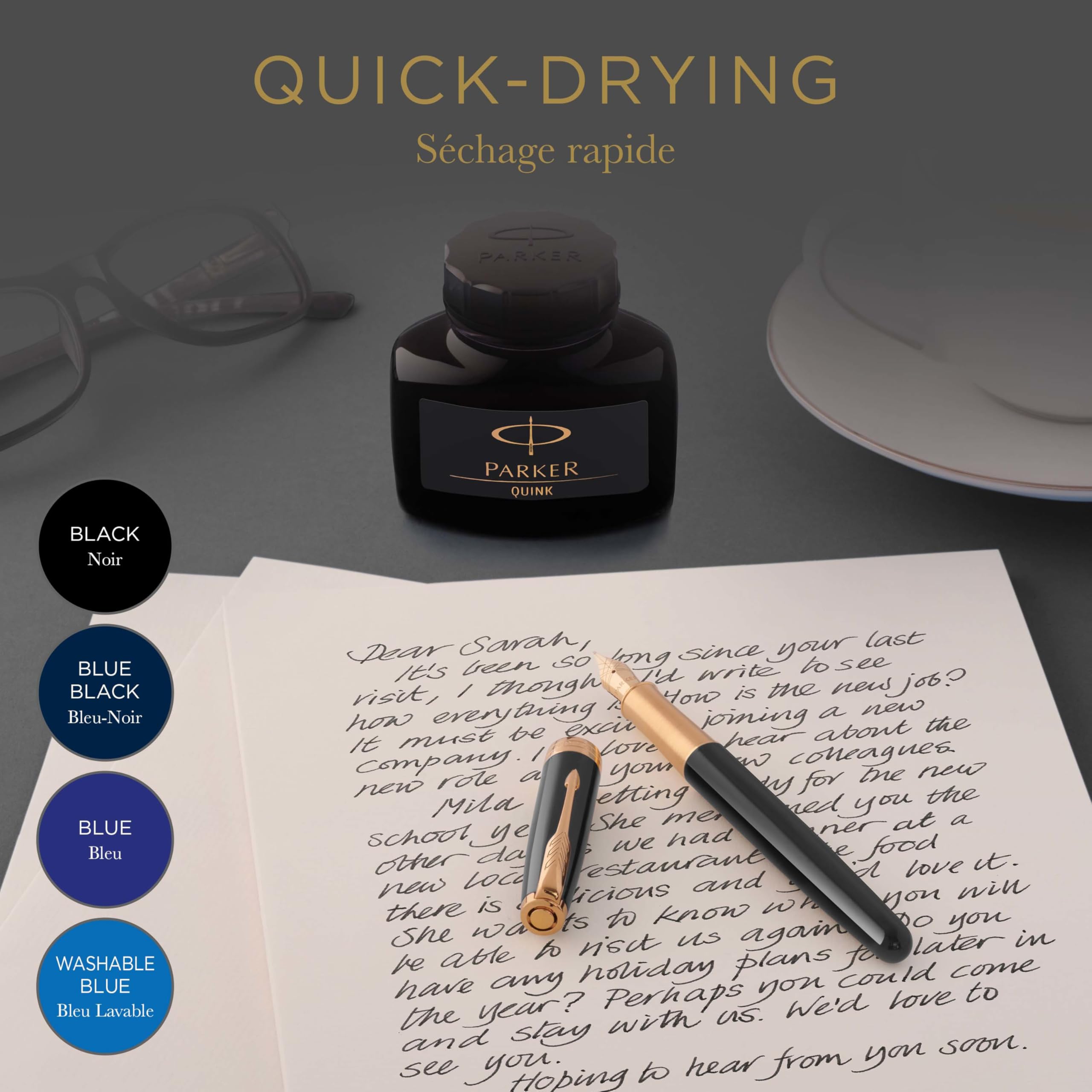 PARKER QUINK Fountain Pen Ink Bottle - Black, 57 ml | Smooth Flow | Quick Drying 3