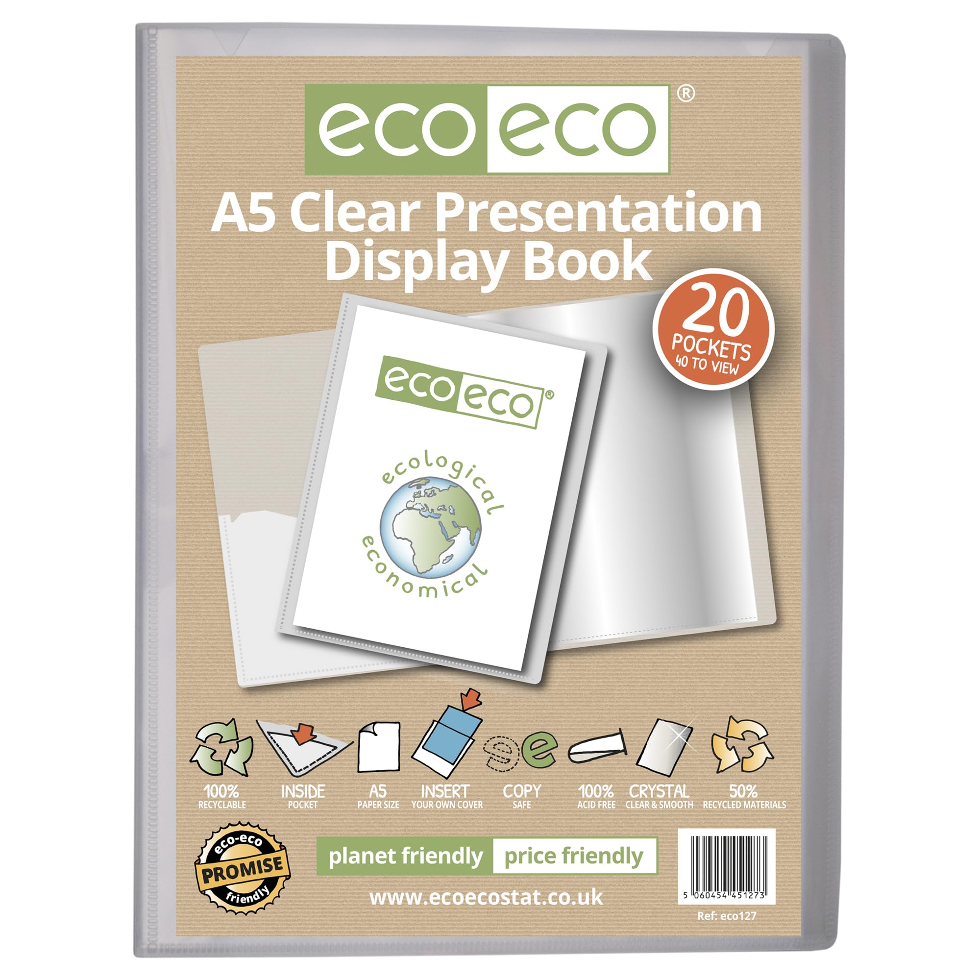 eco-eco A5 20 Pocket Recycled Clear Presentation Display Book | Storage Case Portfolio | eco127 1