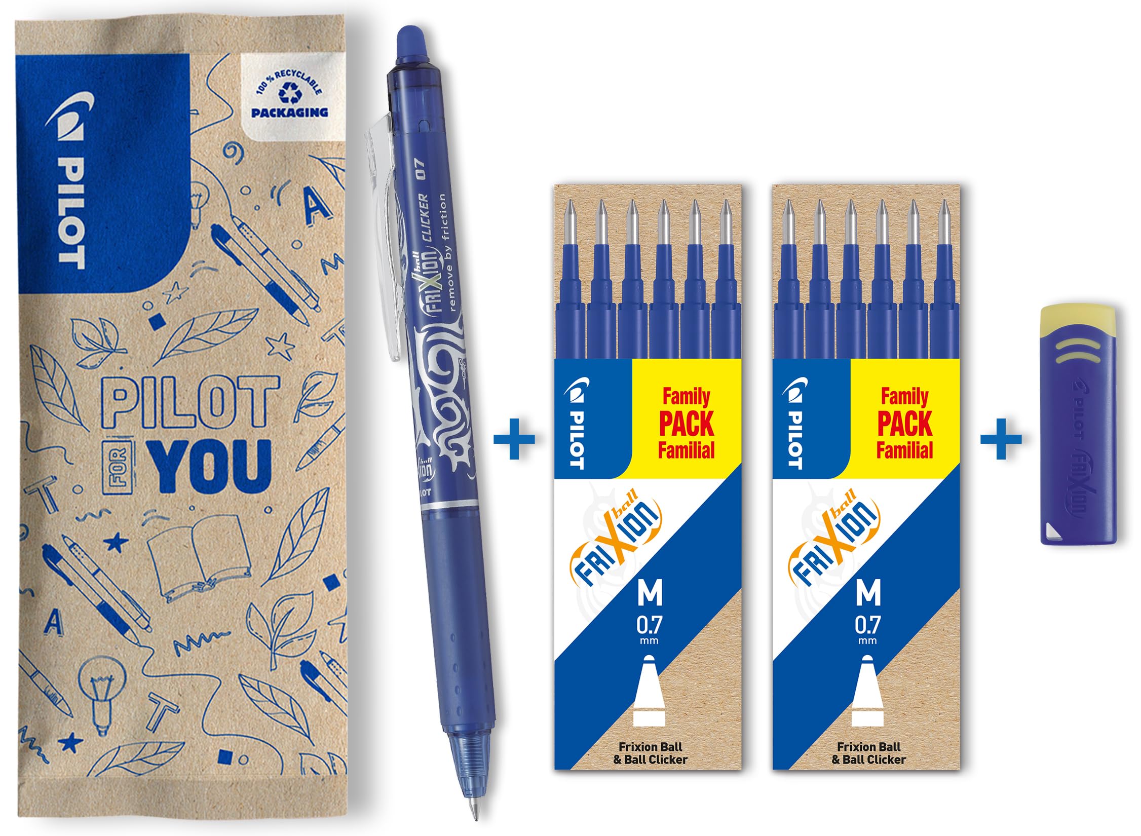 PILOT FriXion Clicker Erasable Rollerball Pen (Blue Ink) with 12 Refills and Eraser