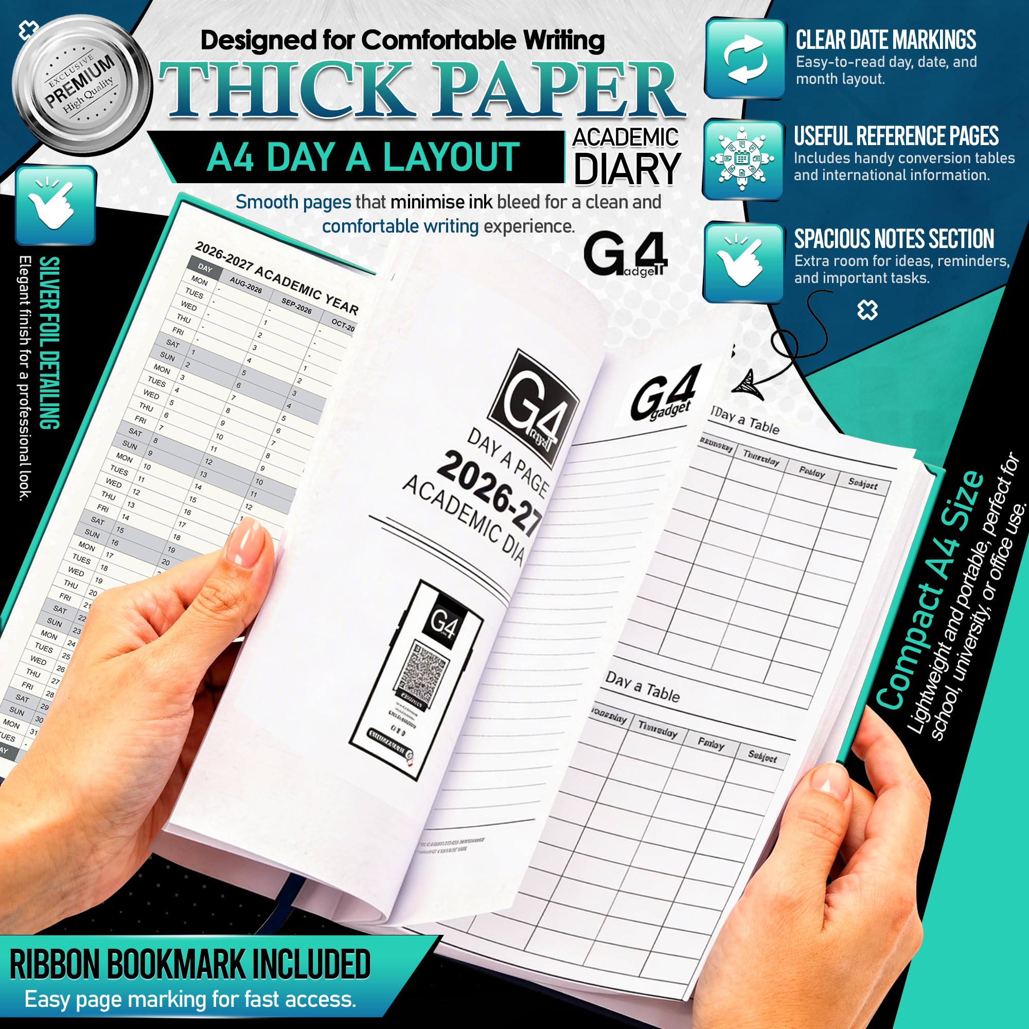 G4GADGET 2026-2027 Academic Diary - A4 Day A Page | Teal Hardback | August 2026 Start