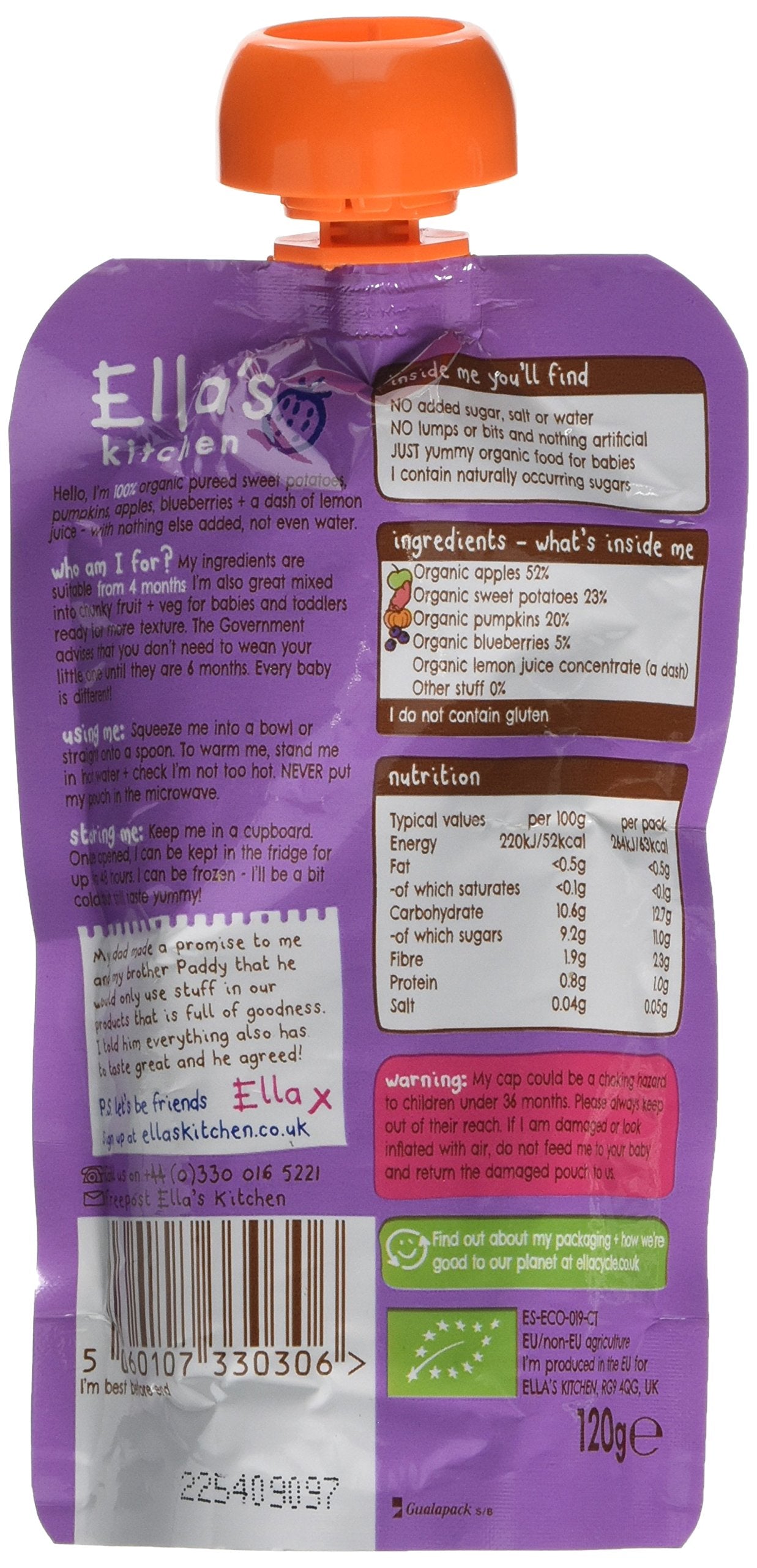 Ella's Kitchen Stage 1 Organic Sweet Potato, Pumpkin, Apple & Blueberry Baby Food | 7 x 120g Pouches