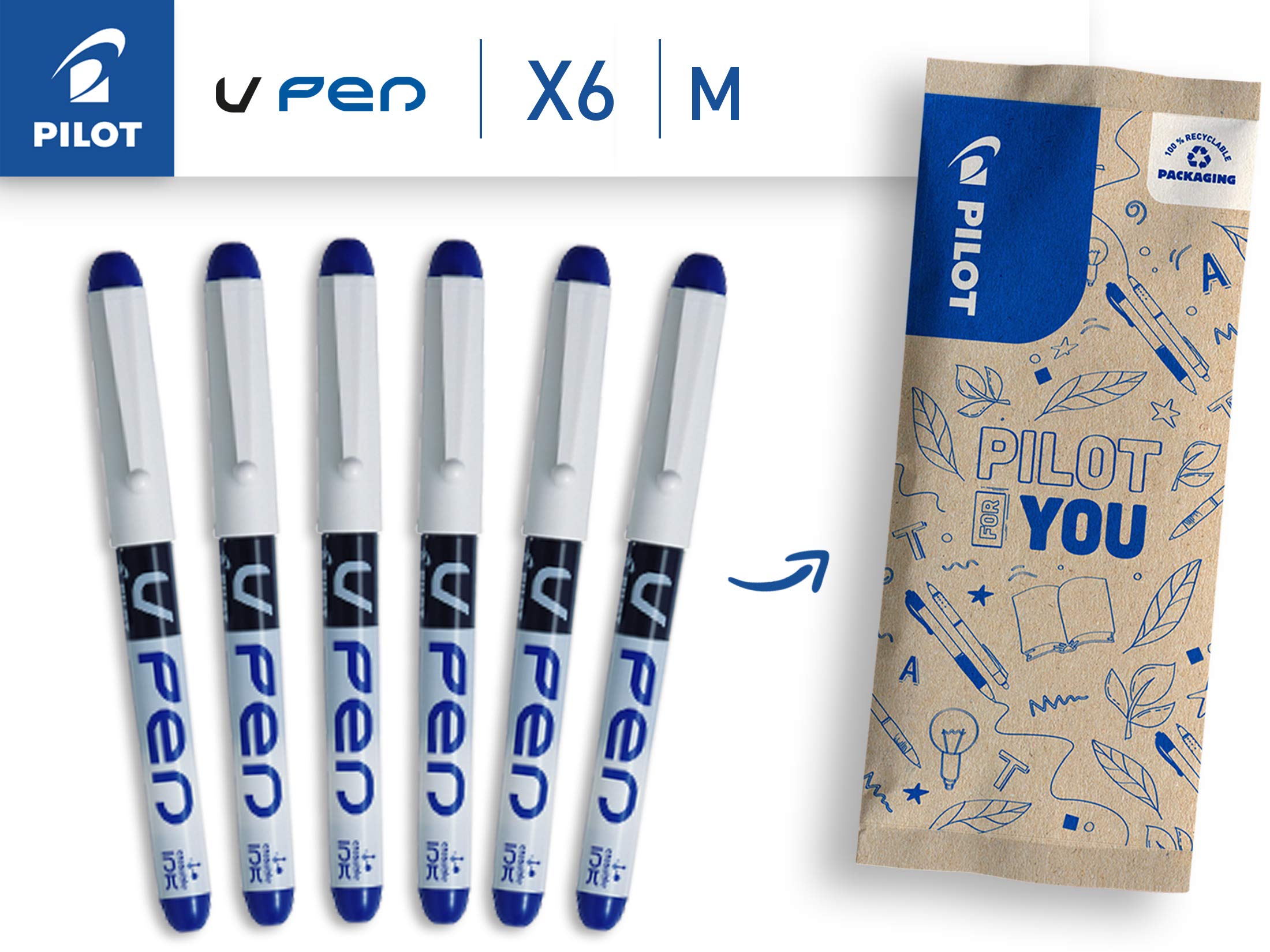 PILOT Vpen Disposable Fountain Pen - Blue Ink, 0.58mm Medium Line, Leak Proof | 6 Count 2