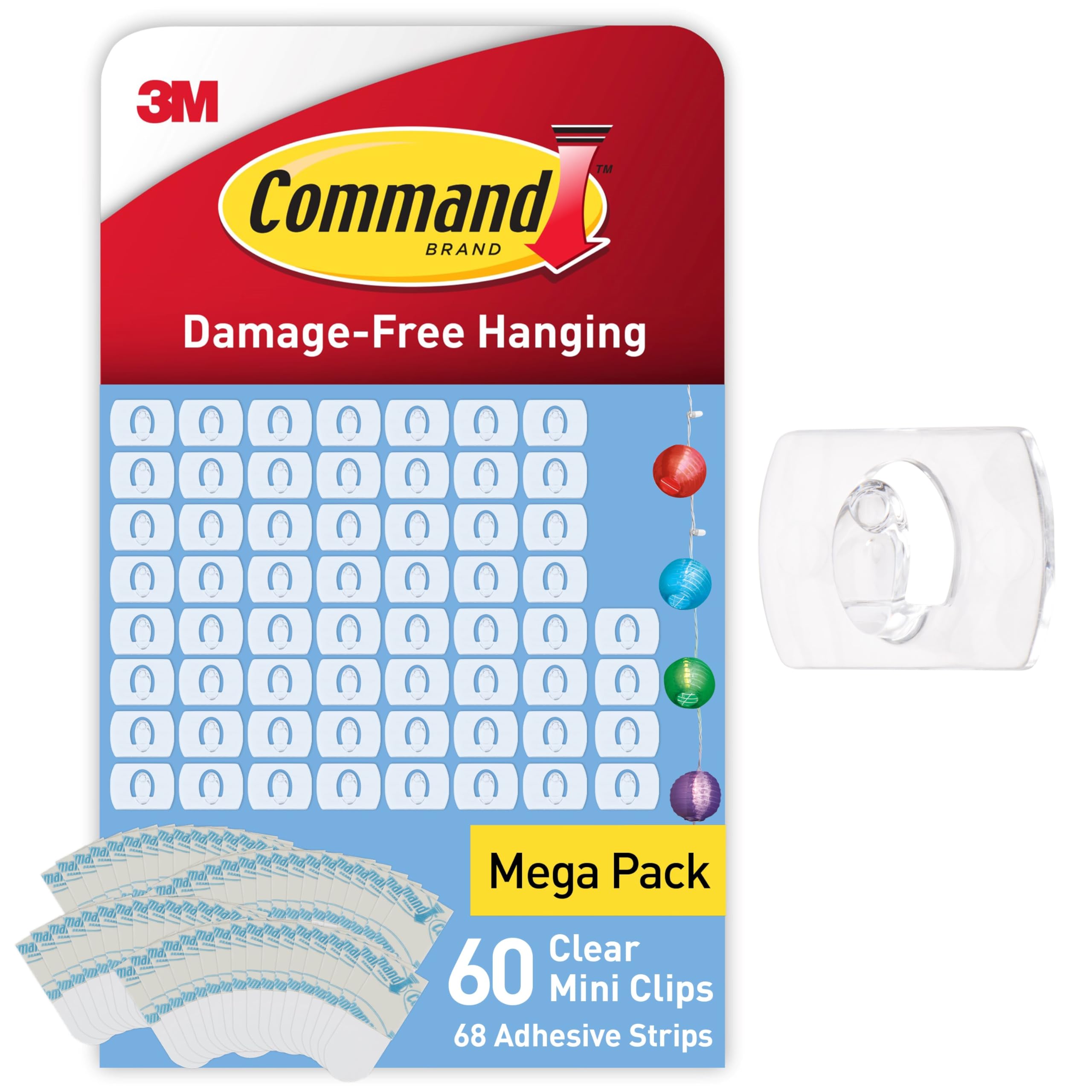 Command Clear Decorating Clips - Damage-Free Hanging for Decor & Cables | Value Pack of 60 Clips + 68 Strips 1