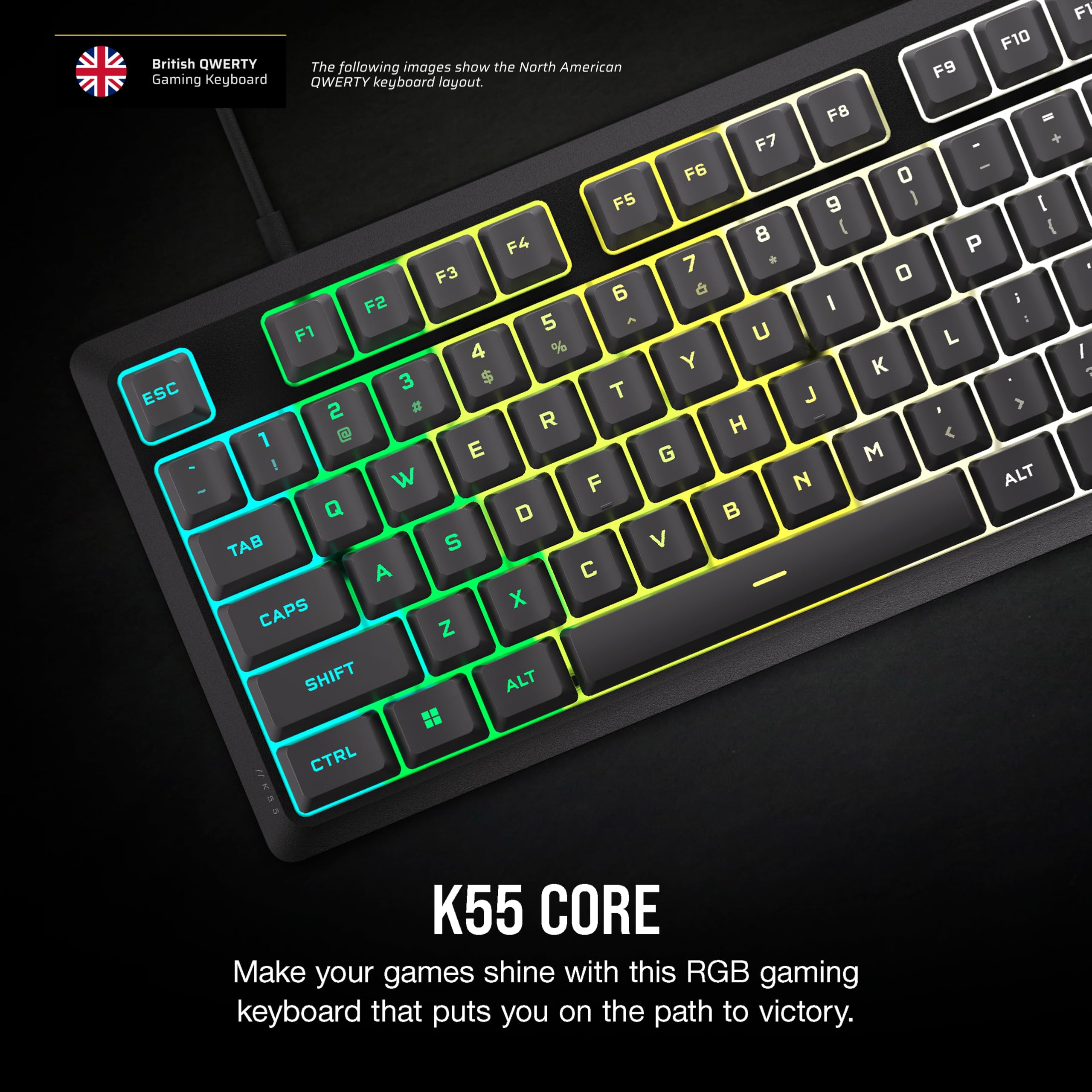 Corsair K55 CORE RGB Gaming Keyboard - Membrane, RGB Backlit, Spill Resistant