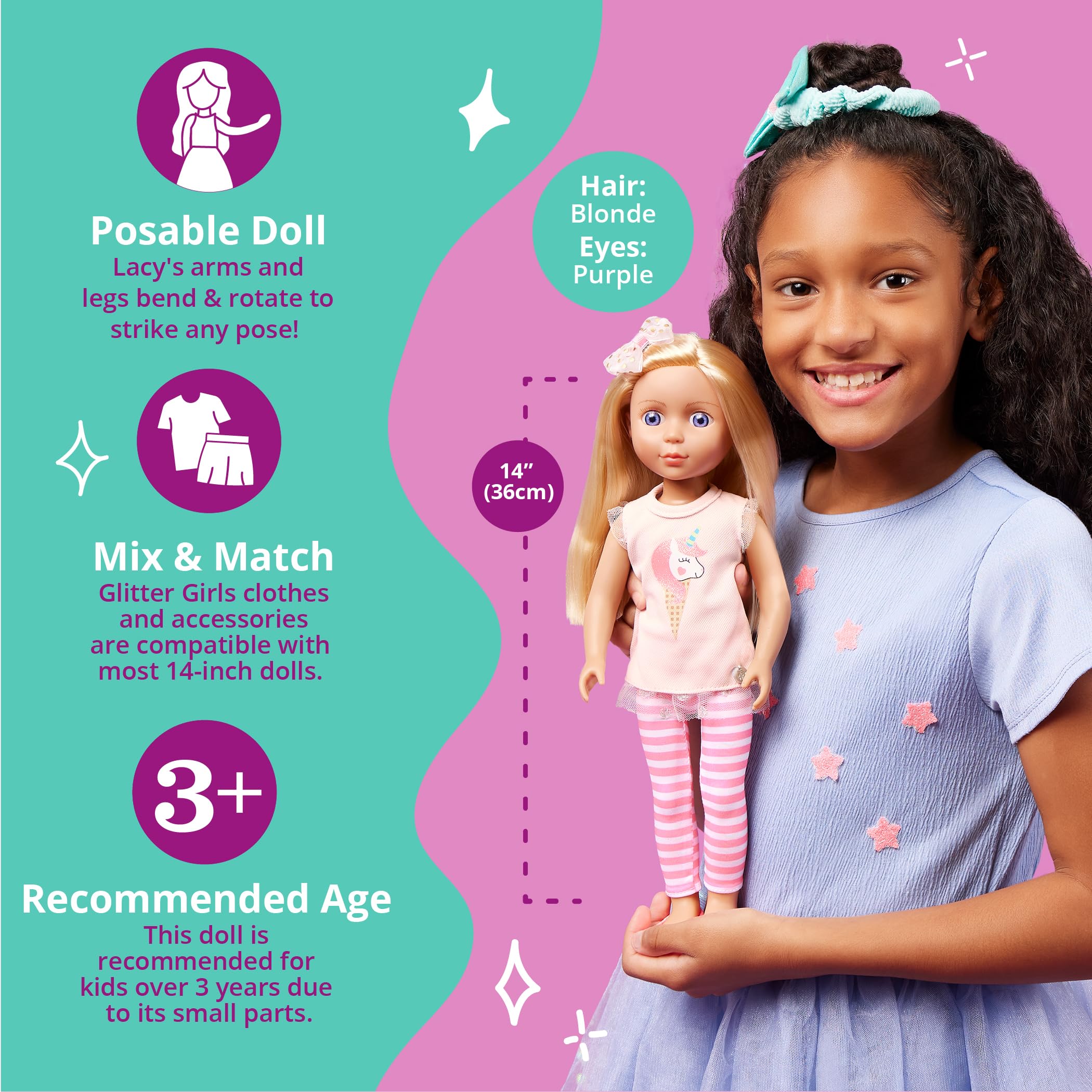 Glitter Girls Lacy - 14-Inch Posable Fashion Doll with Blonde Hair & Purple Eyes - Pink Tunic Outfit 13