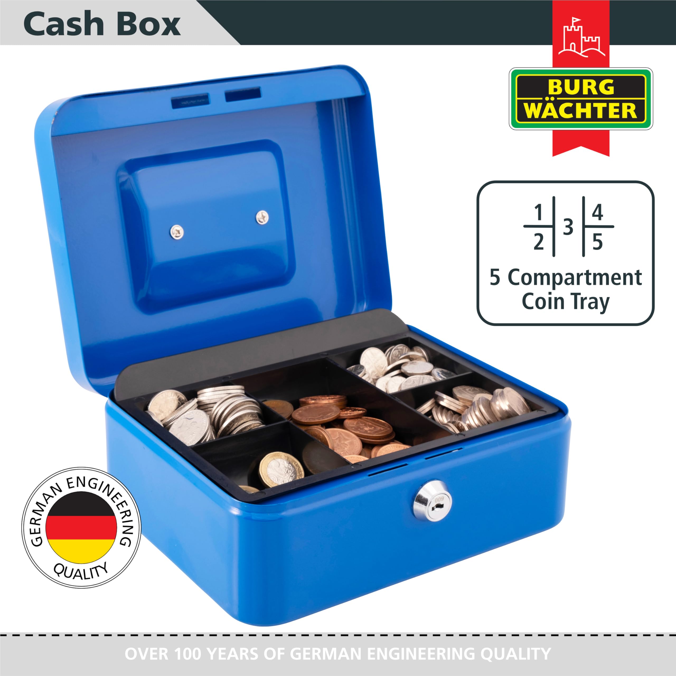 Burg-Wächter Money 5025 Cash Box - 10 inch Size | Key Lock | Blue Metal