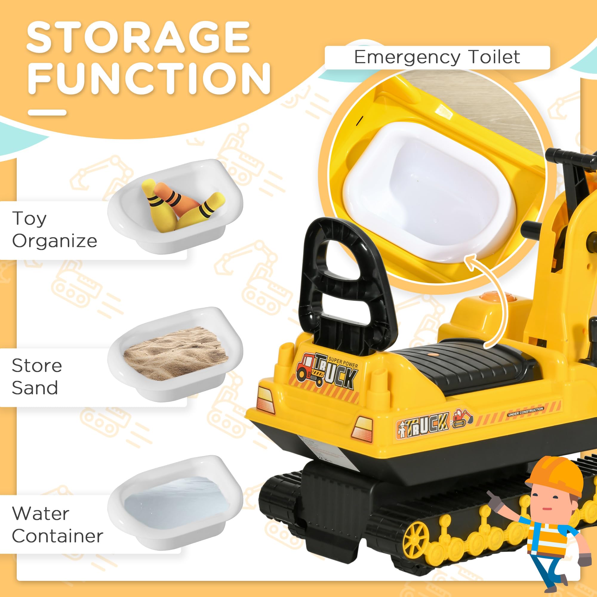 HOMCOM Ride On Tractor Digger Toy with Adjustable Arm | Ages 18-48 Months | Yellow 5