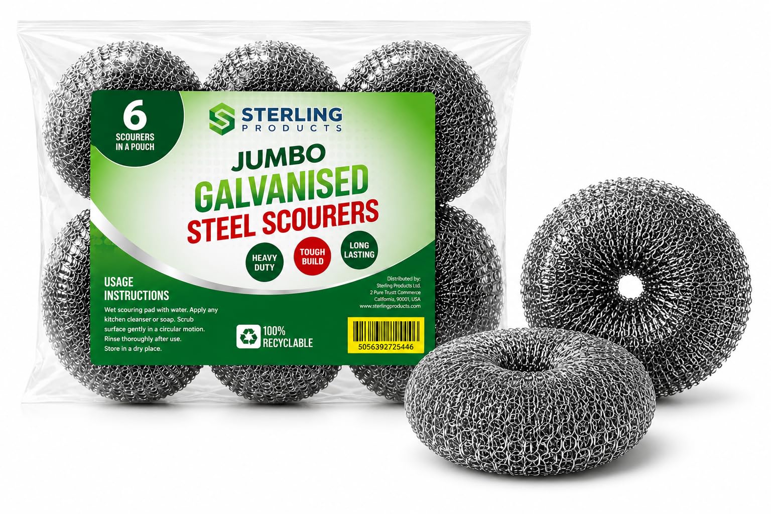 STERLING PRODUCTS Galvanised Steel Scourers - Heavy Duty Cleaning | 6 Pack | Steel 4
