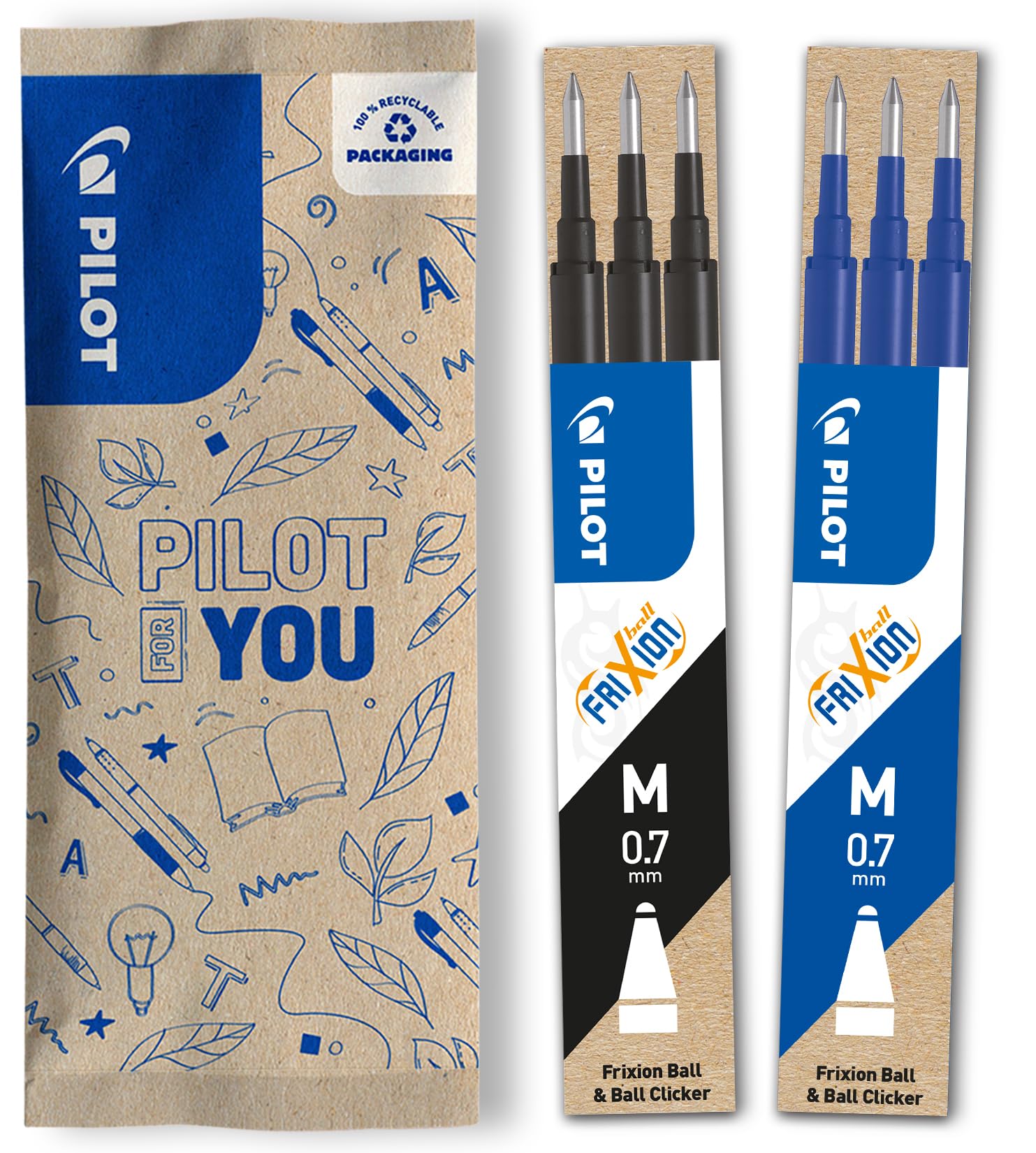 PILOT FriXion Erasable Rollerball Pen Refills - 0.7mm Tip, Set of 6 (Blue & Black)