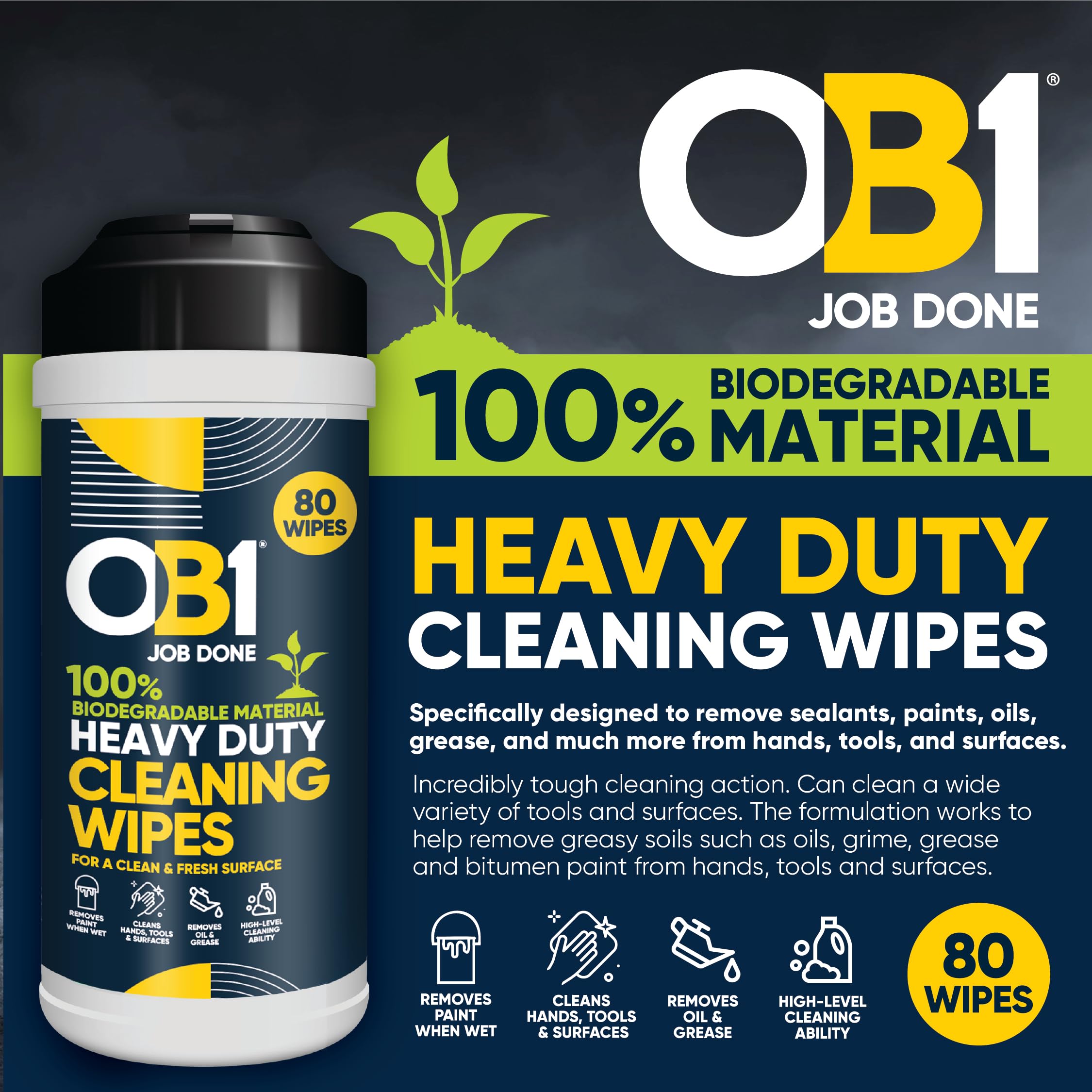 OB1 Heavy Duty Biodegradable Cleaning Wipes – 80 Count, Citrus Scent, For Hands & Tools 2