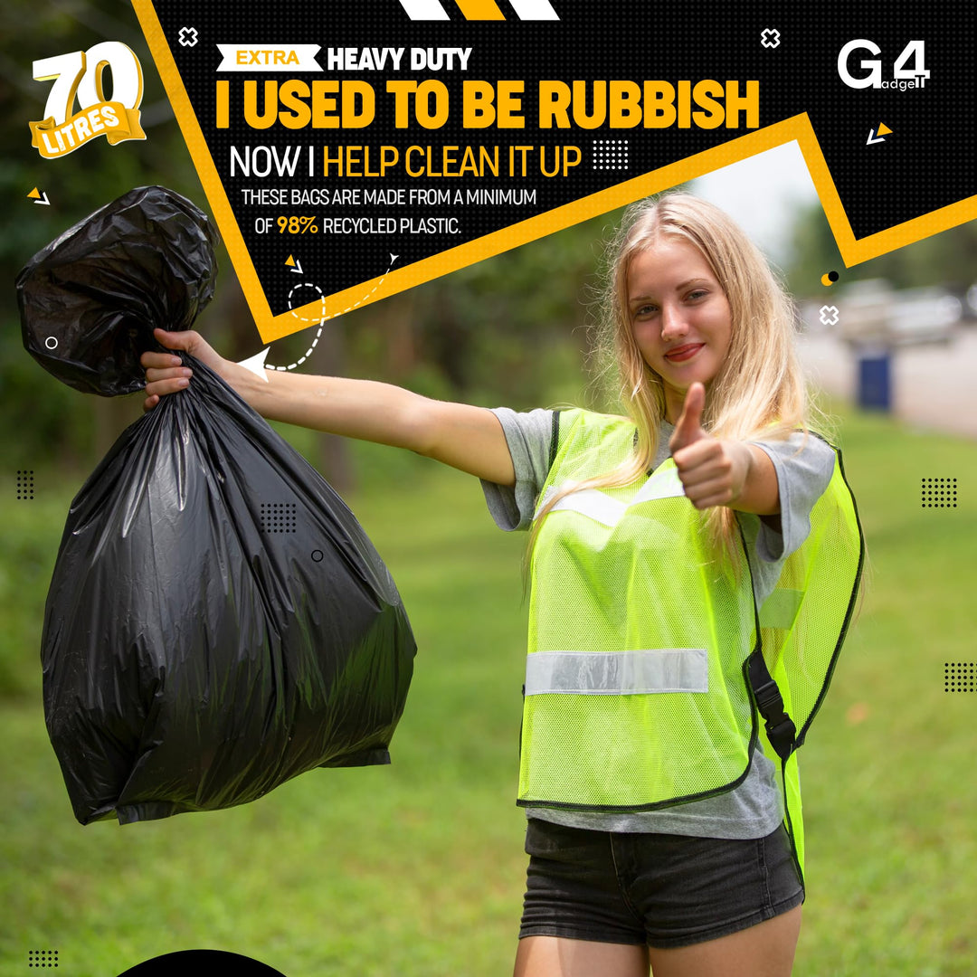 G4GADGET 70L Bin Bags (10 Pack) - Heavy Duty Black Refuse Sacks, Tear & Leak-Resistant Waste Bags