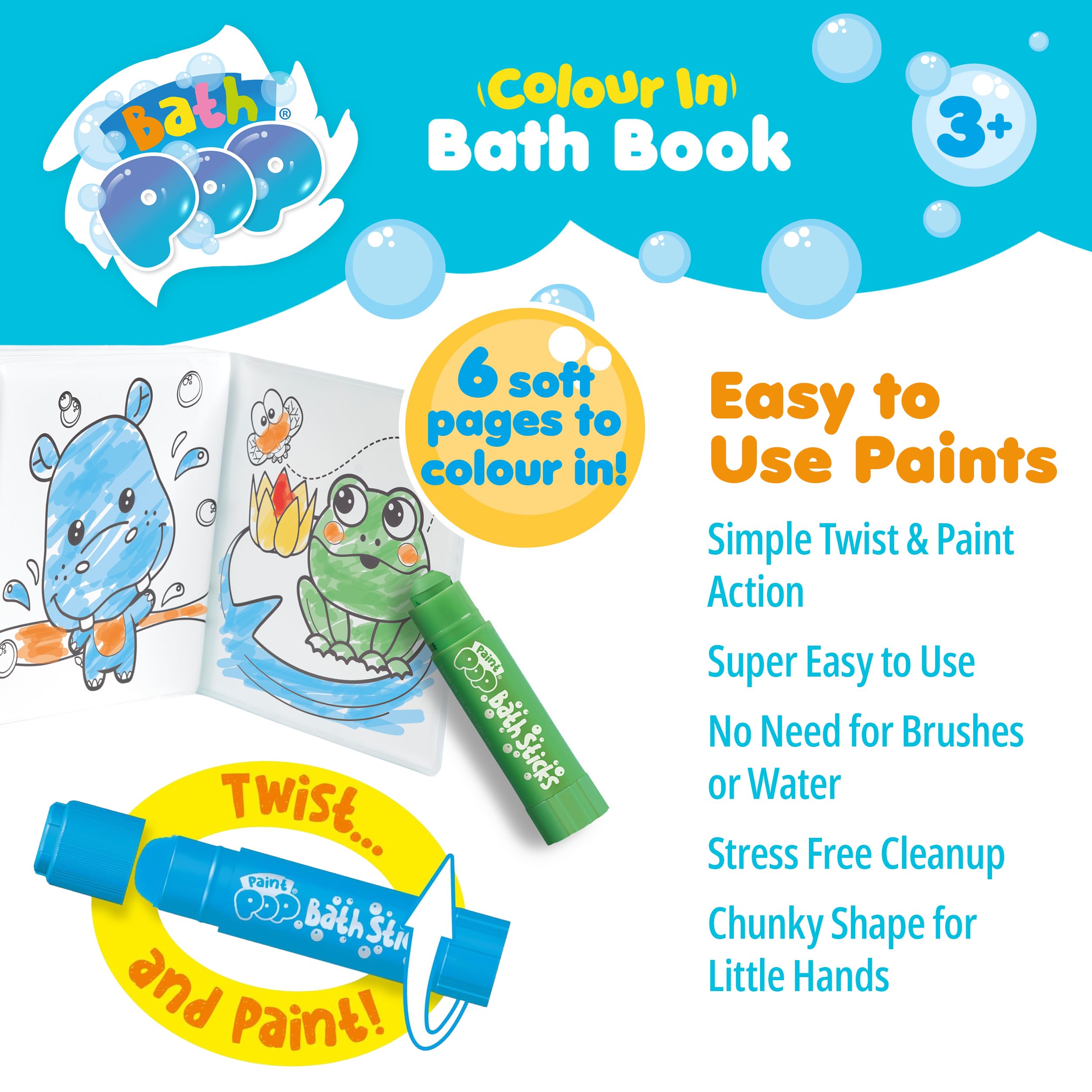 Bath Pop Colouring Book and 5 Bath Sticks - Washable Paint Set | Toddler Bath Toy | Ages 3+ 7