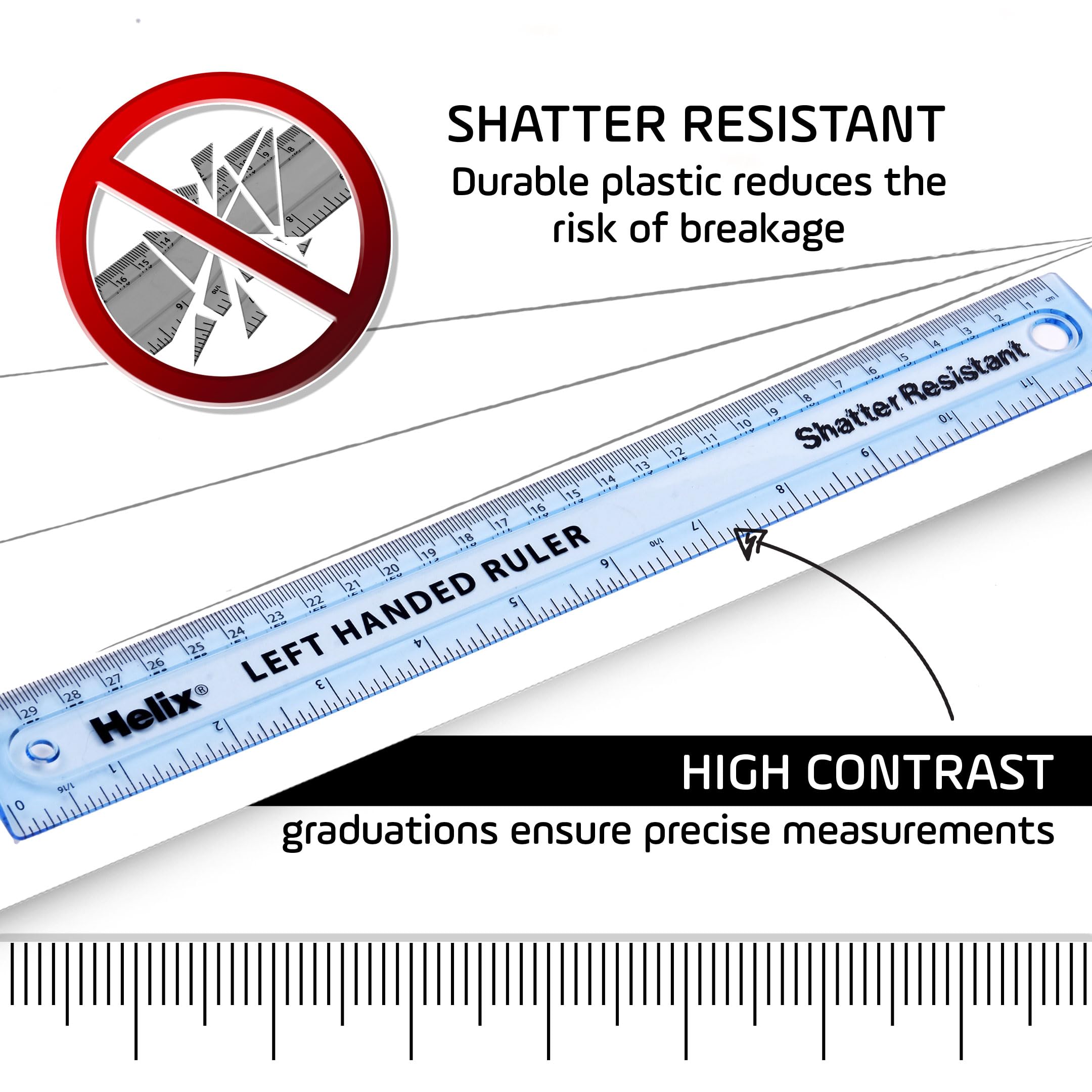 Helix 30cm Left Handed Ruler - Shatter Resistant Plastic, Metric & Imperial Graduations | Blue 2