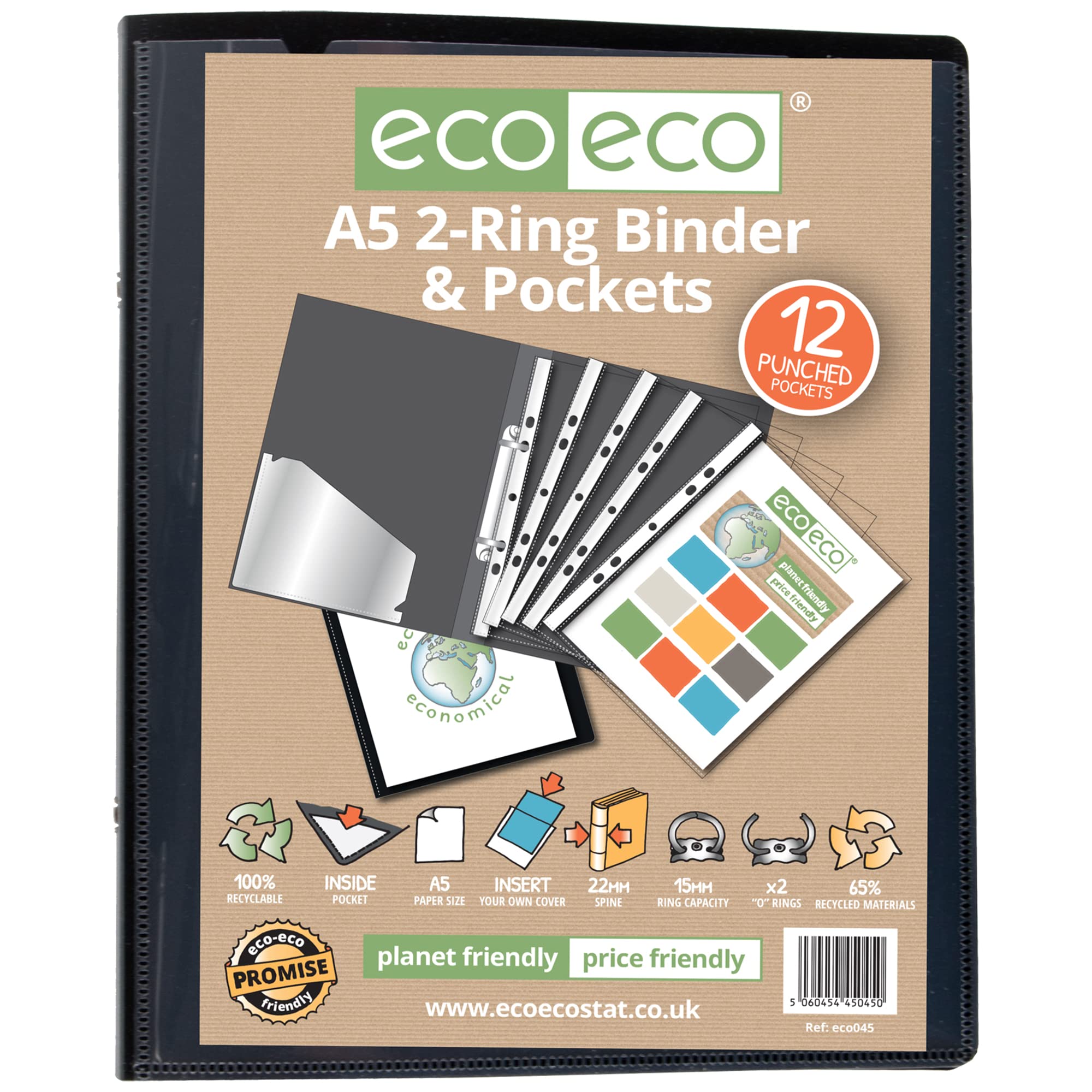 eco-eco A5 65% Recycled Presentation Ring Binder with 12 Pockets - Black, 15mm Capacity