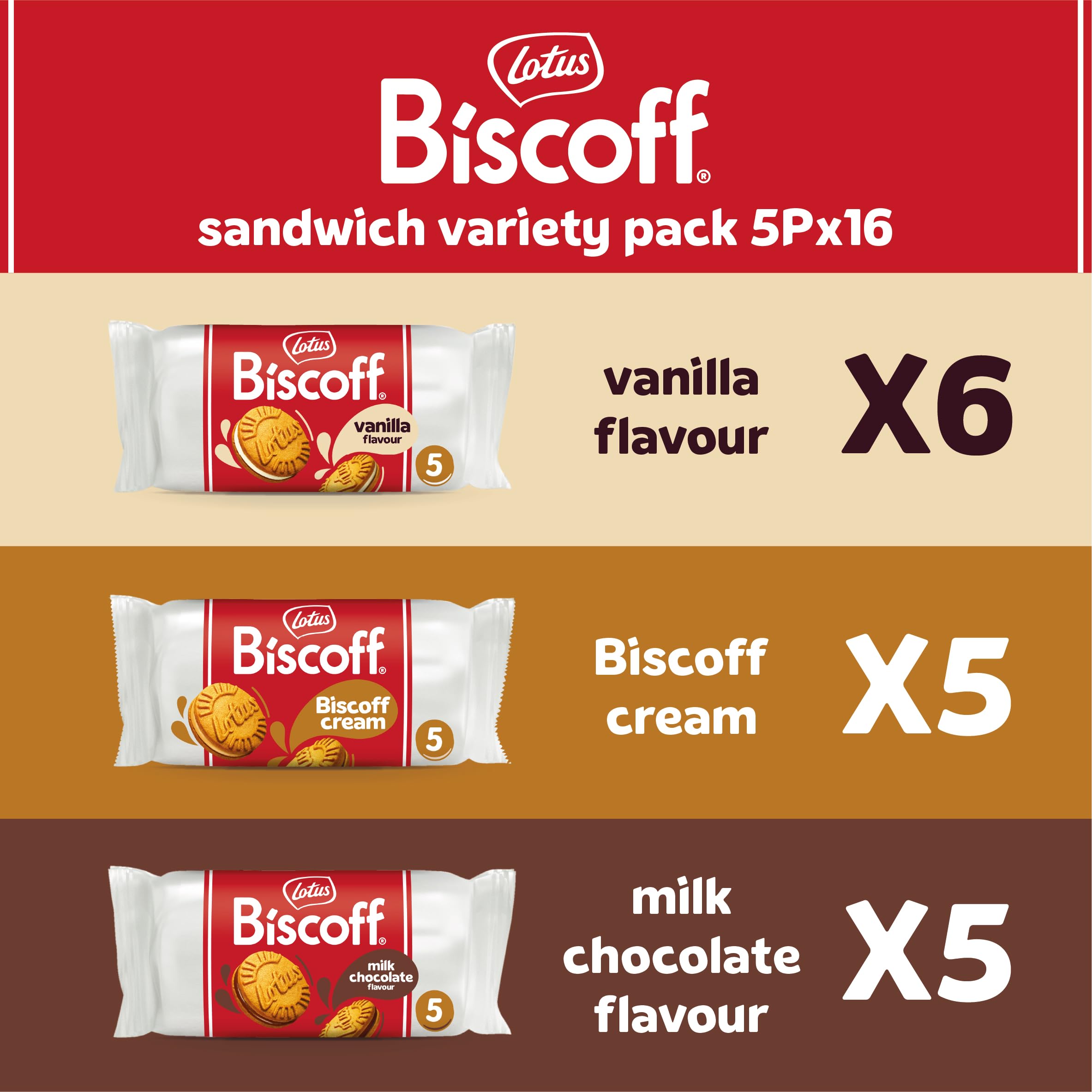 Lotus Biscoff Sandwich Biscuits Variety Pack - Vanilla, Chocolate & Caramel Cream - 80 Cookies (16 Rolls) 5