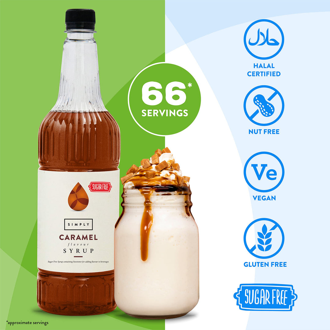 Simply - Sugar Free Caramel Syrup, Low Calorie Vegan & Nut Free Flavoured Syrup for Coffee, Cocktails & Baking (1 Litre)