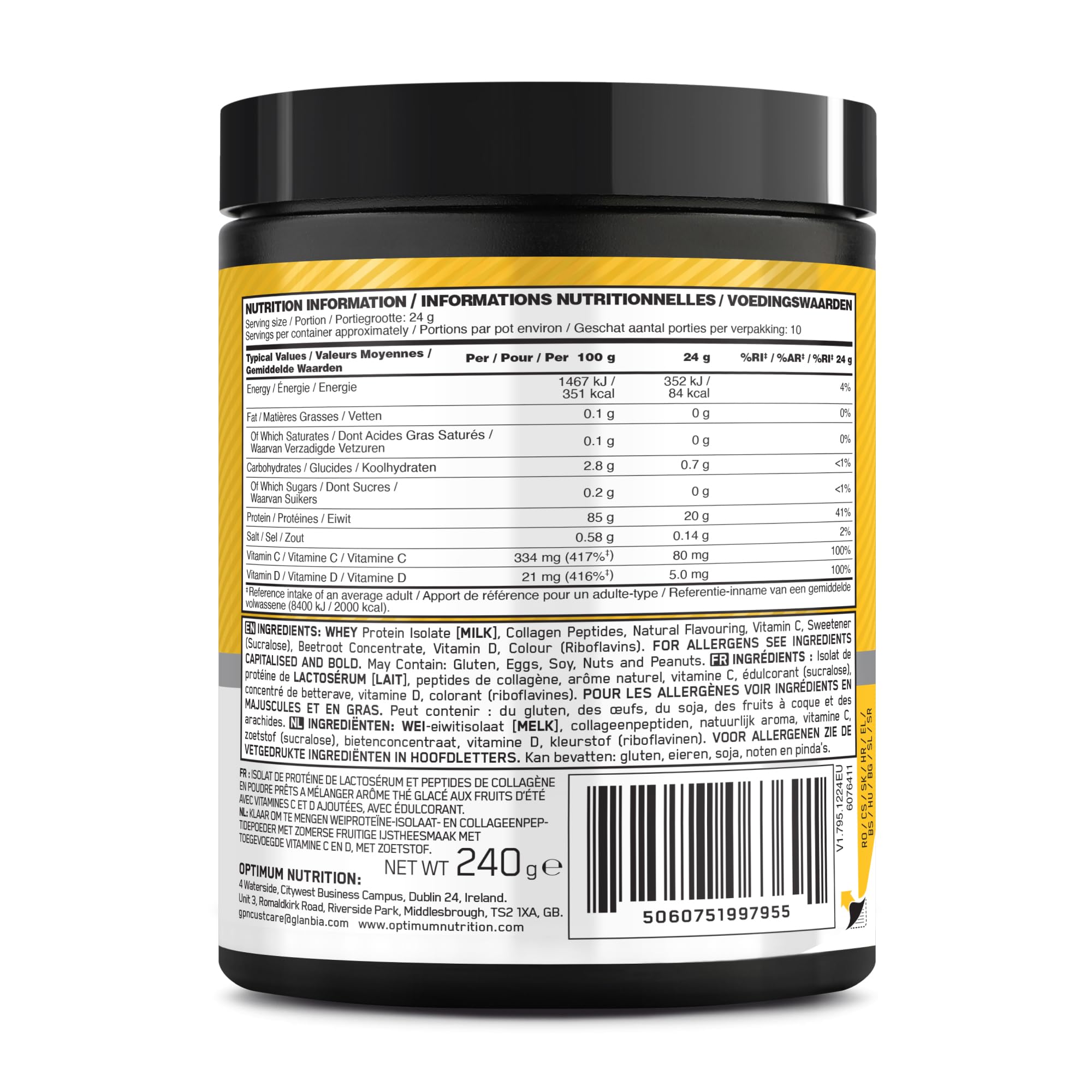 Optimum Nutrition Clear Whey + Collagen Summer Fruit Ice Tea Flavour 240g 20