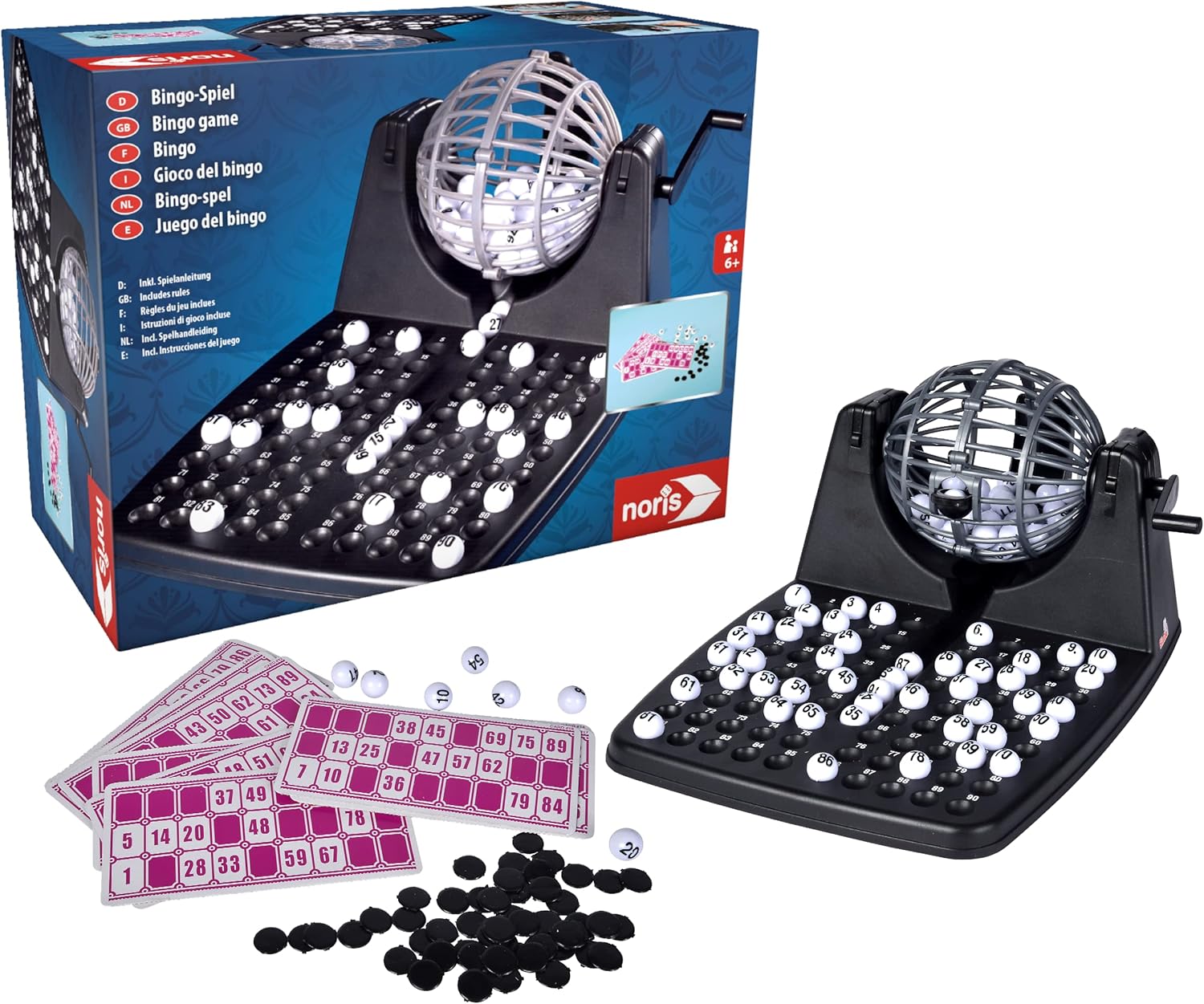 noris 606150493 Bingo Drum Set with 90 Balls, 12 Cards & Chips - Ocean Tides