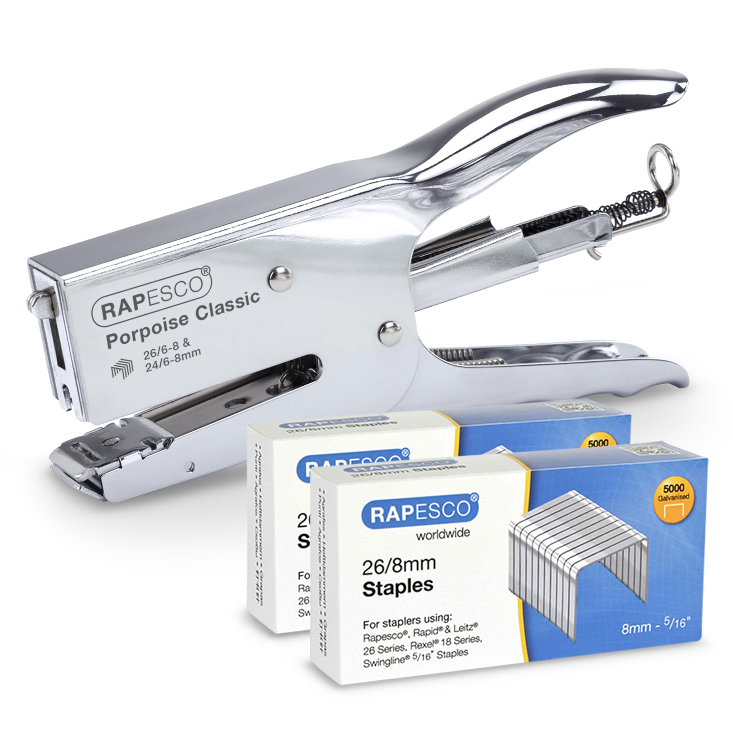 RAPESCO 1298A Plier Stapling Set - 45 Sheet Capacity, Chrome Metal, Includes 2 Boxes of 5000 Staples
