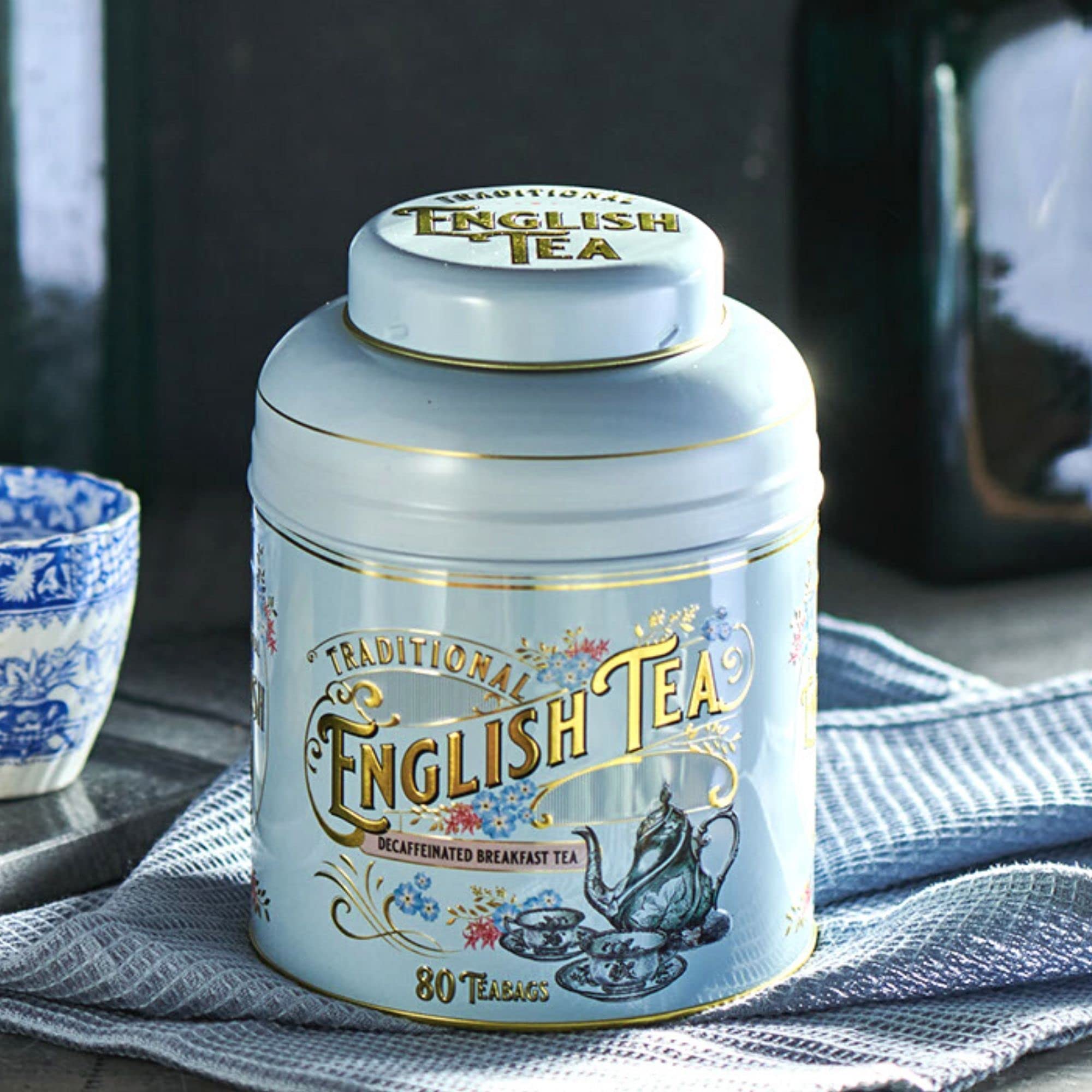 New English Teas Vintage Victorian Powder-Blue Tea Caddy with 80 Decaffeinated English Breakfast Teabags 10