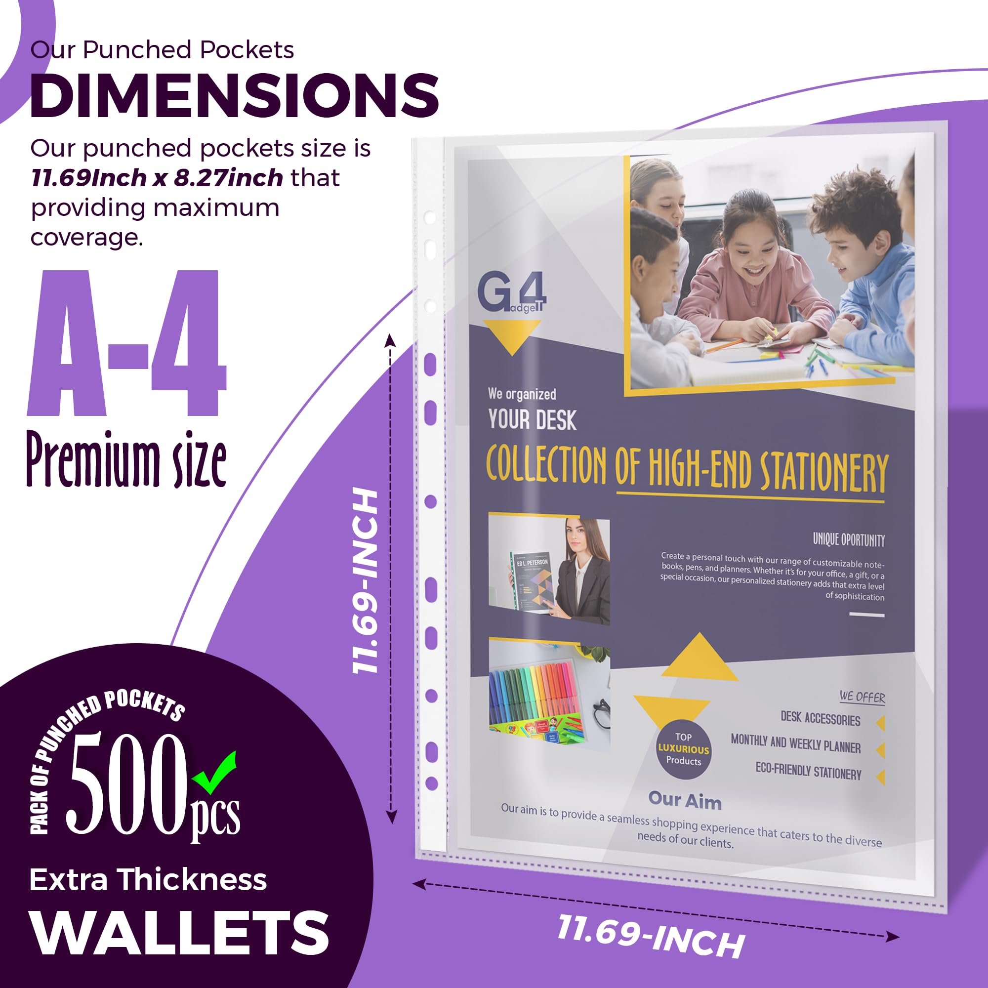 G4GADGET A4 Punched Pockets Value Pack - 500 Count | 10-15 Sheet Capacity | 30 Micron Clear Plastic