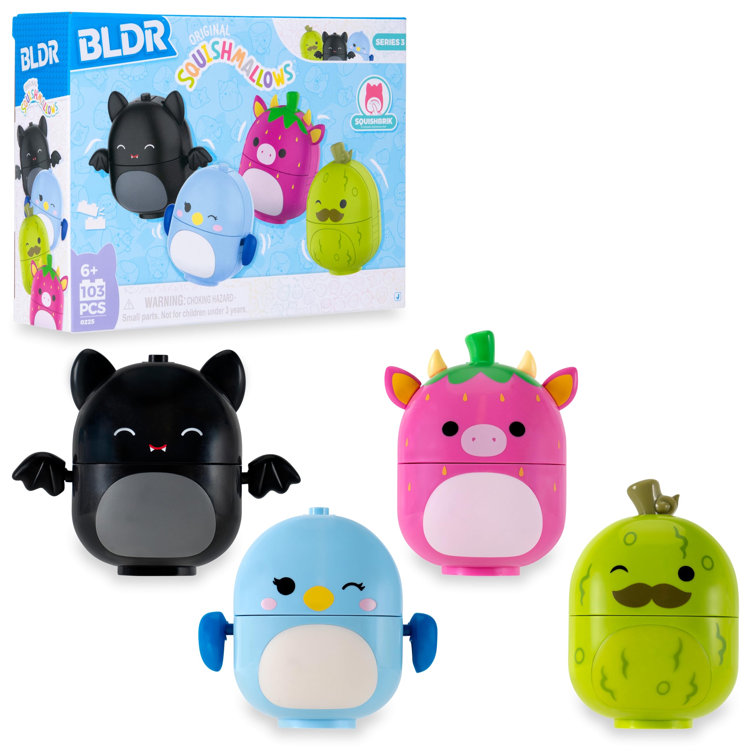 BLDR Squishmallows Buildable Figure 4-Pack - Emily the Bat, Bebe the Bluebird, Cleary the Strawberry Cow, Charles the Pickle 4