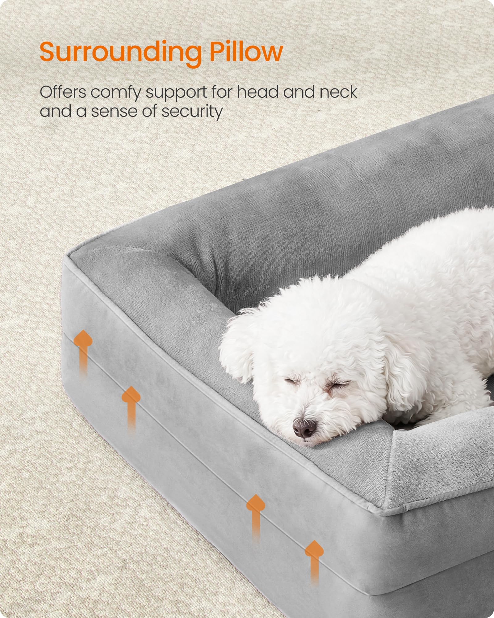 Feandrea Orthopaedic Dog Sofa Bed - Egg Crate Foam Support | Raised Sides | Water-Resistant | Dove Grey | 76 x 51 x 16 cm 4