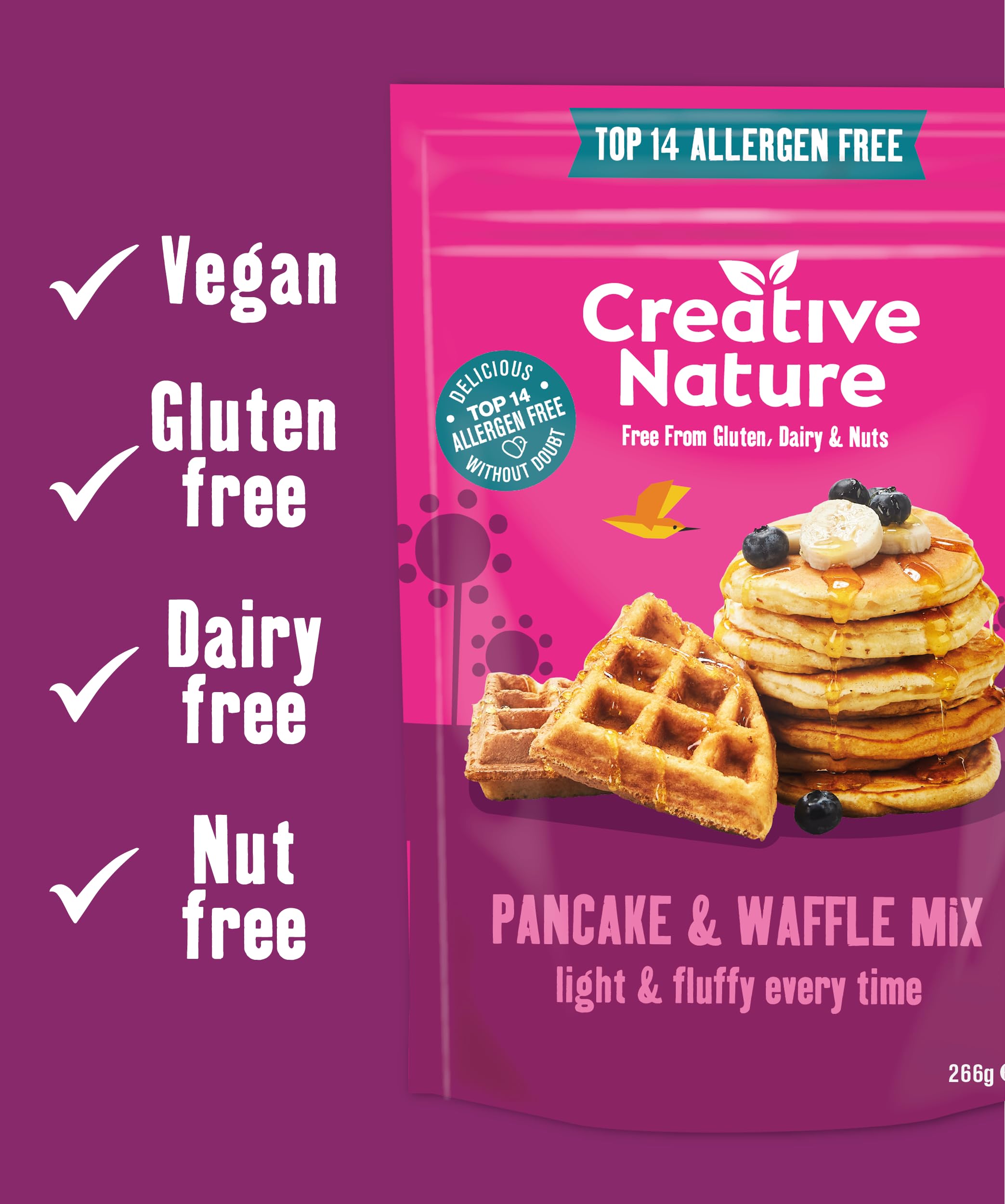 Creative Nature Gluten Free Pancake & Waffle Mix - Vegan, Free From Top 14 Allergens | 266g 2