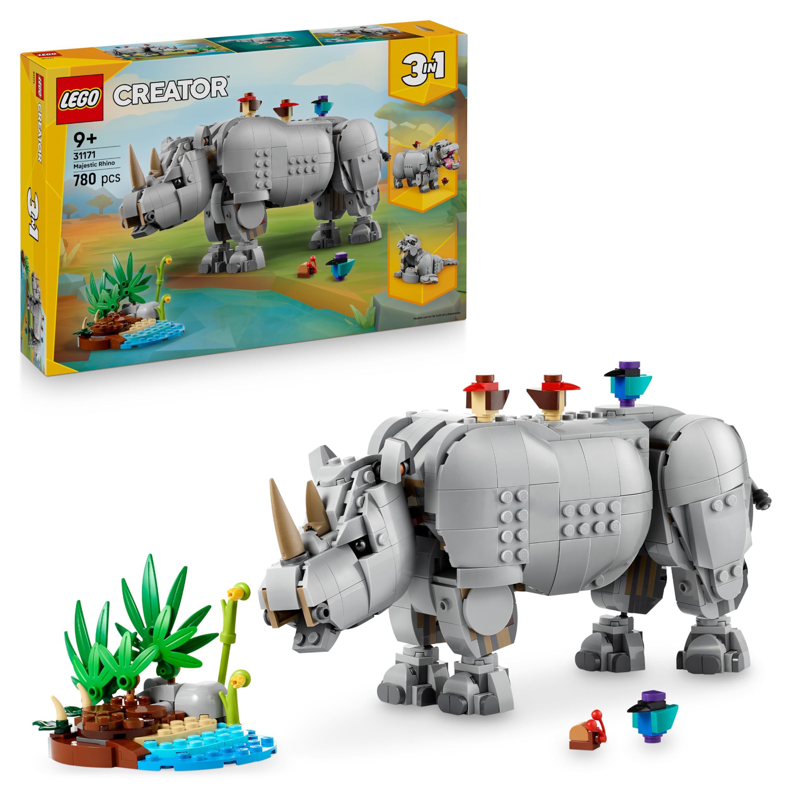 LEGO Creator 3in1 Wild Animals: Majestic Rhino with Birds Building Set | Ages 9+