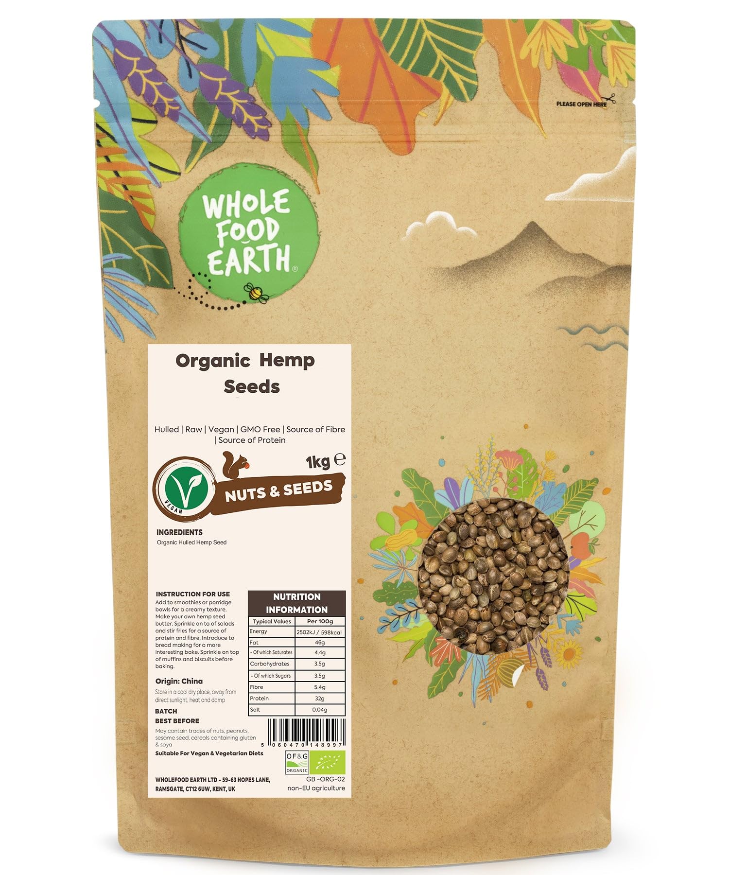 Wholefood Earth Organic Hemp Seed - 1kg Pack | Raw | High Fibre | Vegan