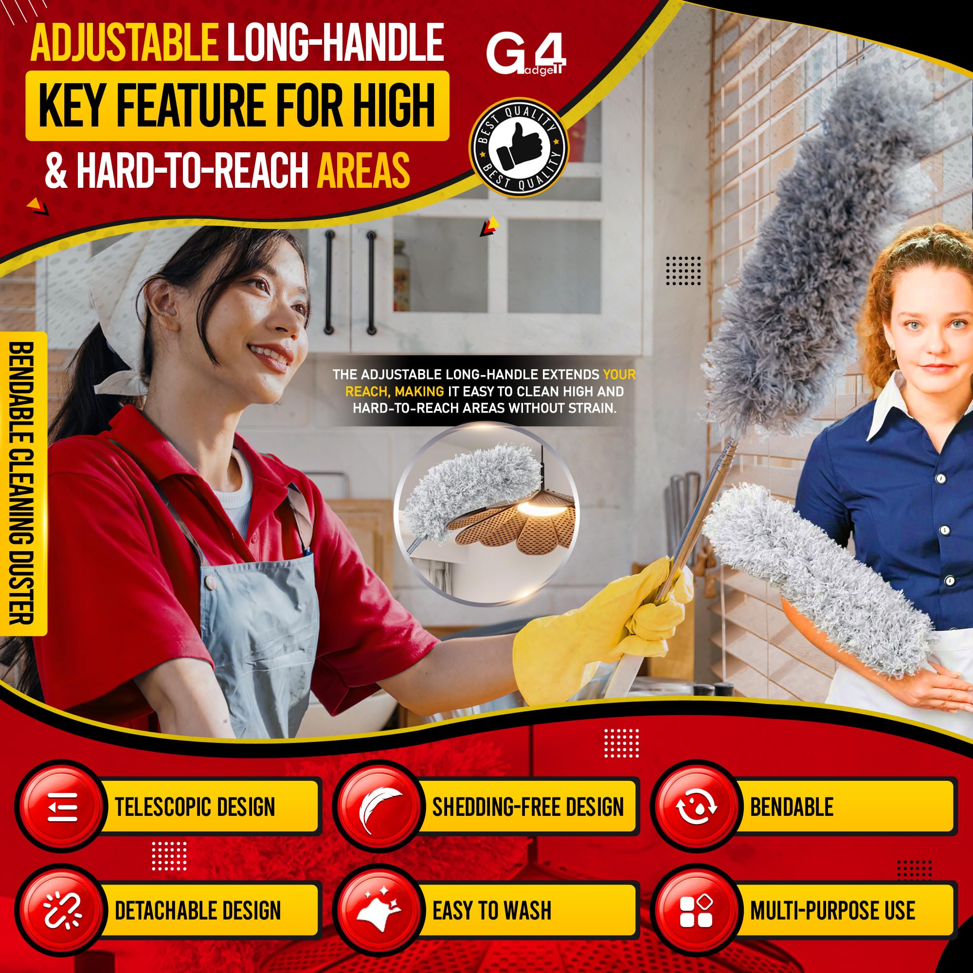 G4GADGET Extendable Microfiber Duster - 240cm Reach | Bendable Head | Washable