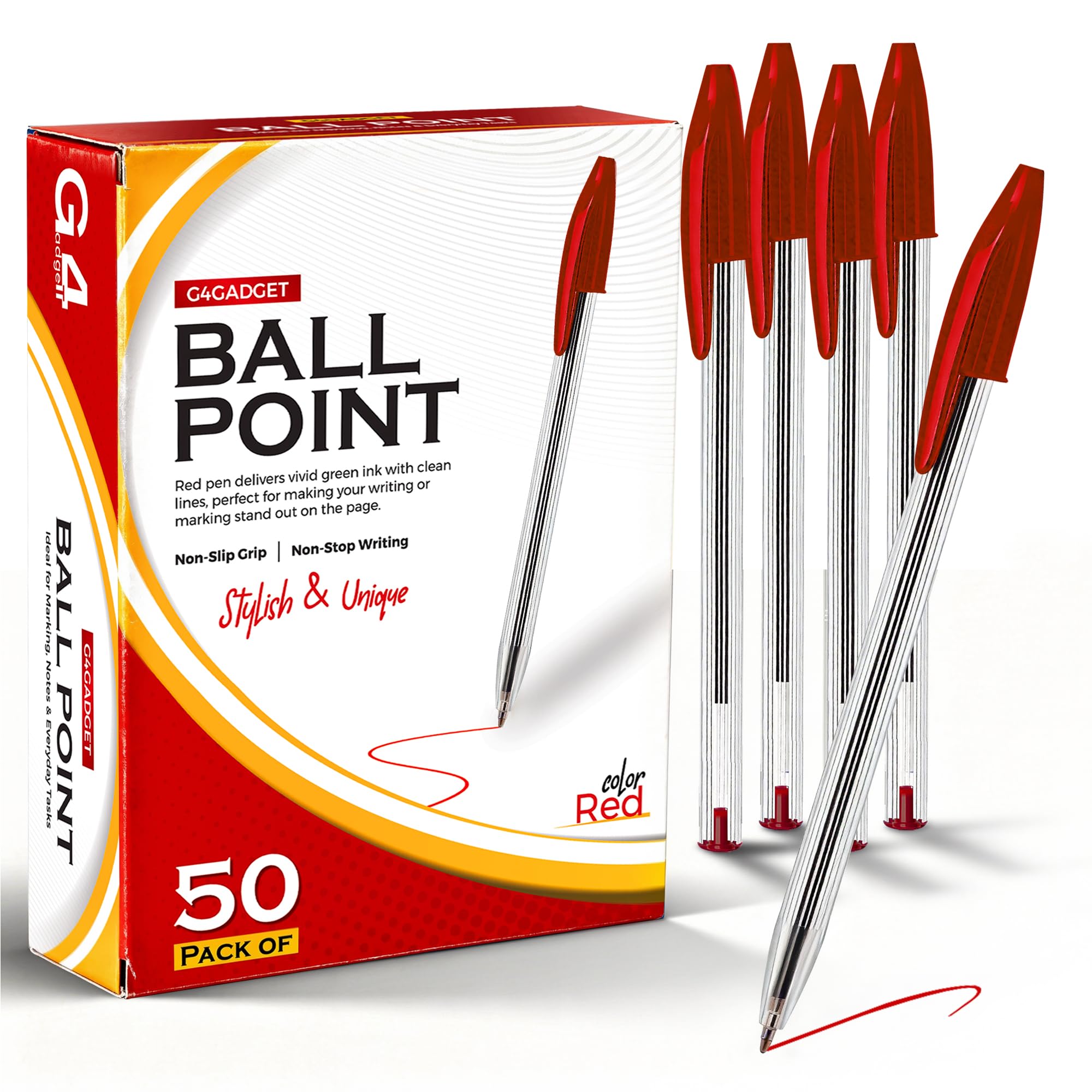 G4GADGET 50 Pack Stick Ballpoint Pens - Bold Red Ink, Medium Point, Lightweight | 0.5mm-0.7mm Line