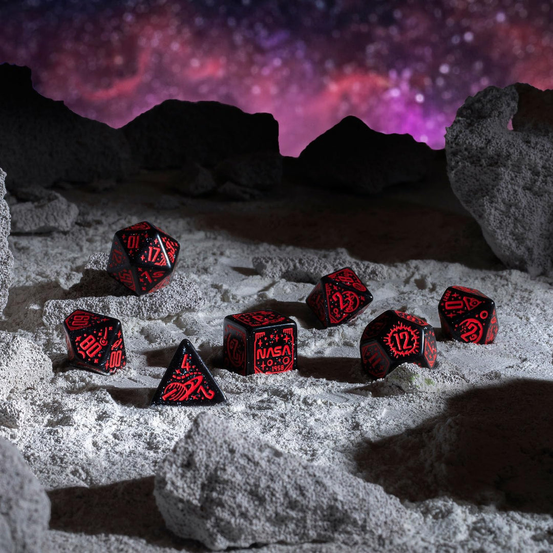 Q WORKSHOP Space Dice Set Voyager RPG Dice – Shimmering Black with Red Engraving