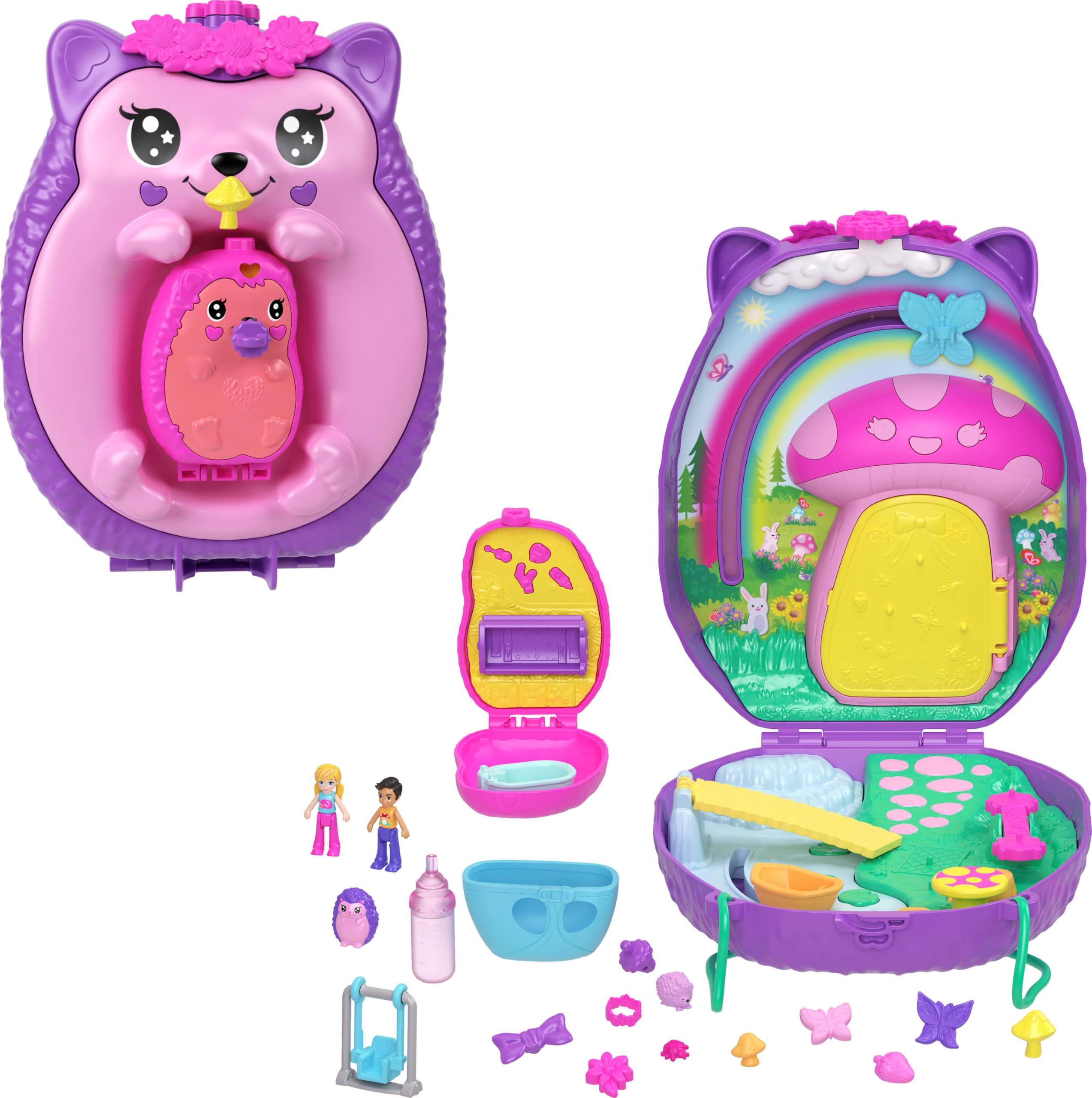 Polly Pocket 2-in-1 Travel Toy with 2 Micro Dolls and 16 Accessories, Hedgehog Purse Playset JBJ91