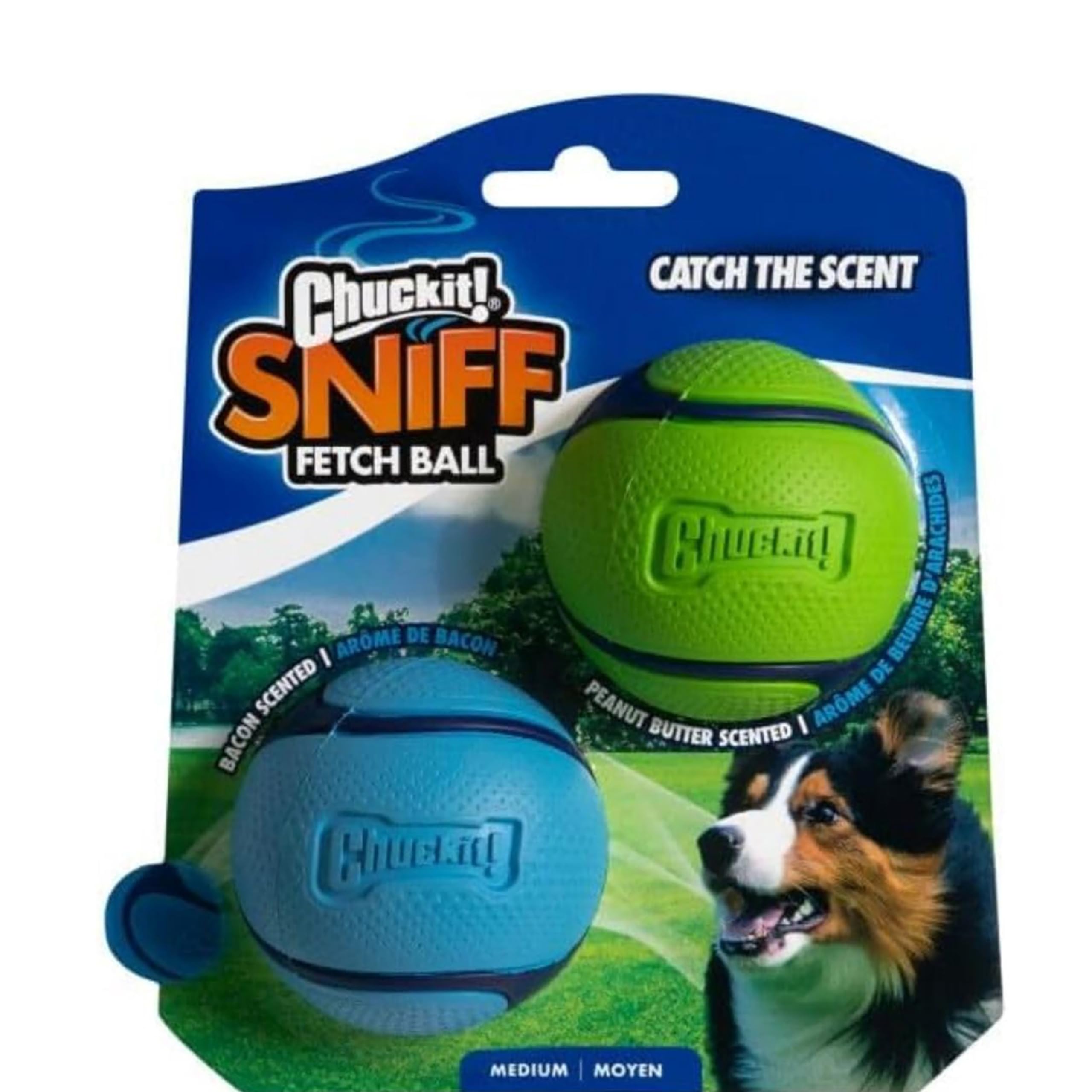 Chuckit! Sniff Duo Scented Dog Fetch Balls - Peanut Butter & Bacon Scent, 2-Pack, Durable Rubber
