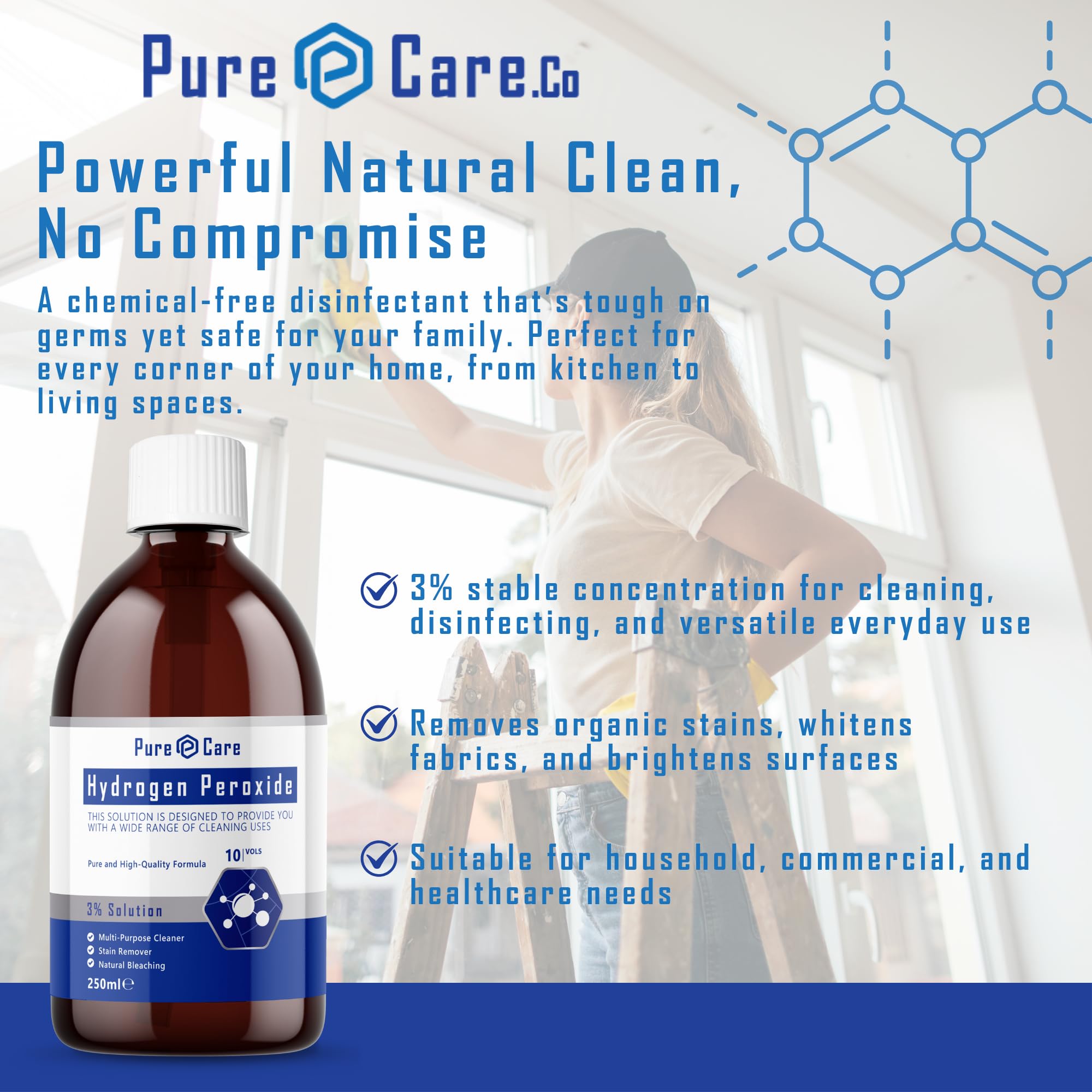PureCare Hydrogen Peroxide 3% Solution - Multi-Purpose Cleaner & Stain Remover | 250ml Liquid 3