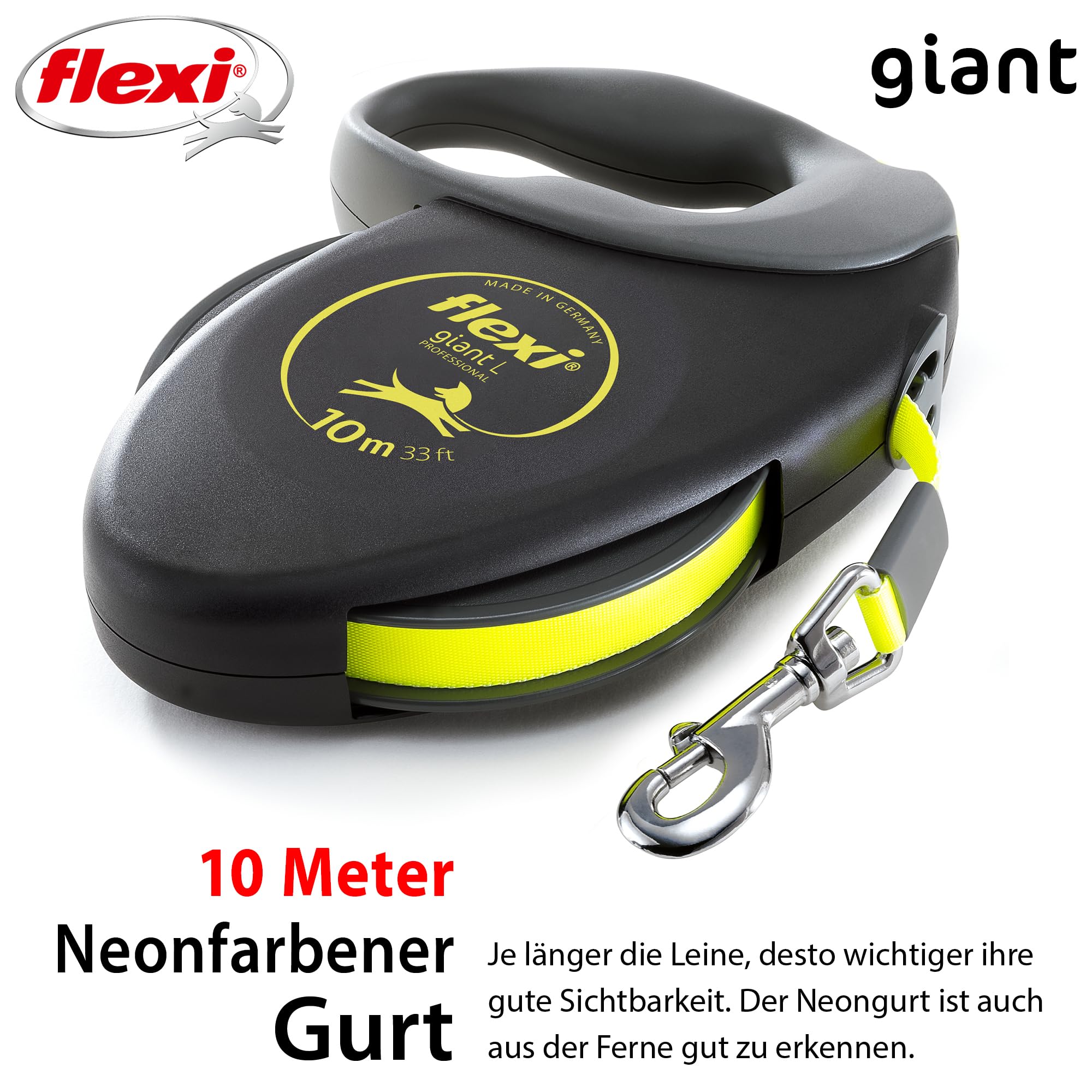 flexi Giant Professional L Retractable Dog Lead - 10m Tape, Up to 50kg | Black/Neon Yellow 3