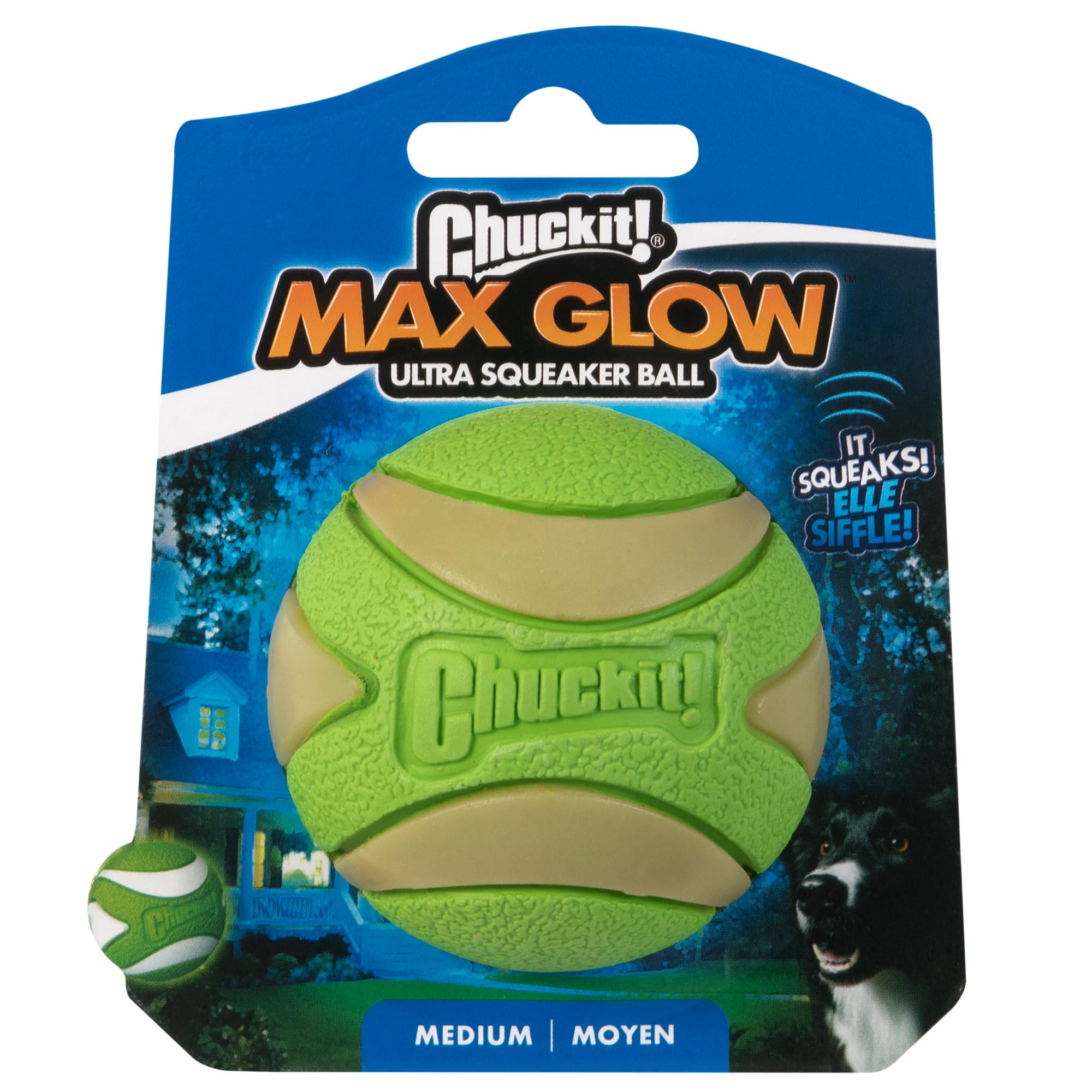 Chuckit! Max Glow Ultra Squeaker Ball - Glow in the Dark | High Bounce | Medium Size
