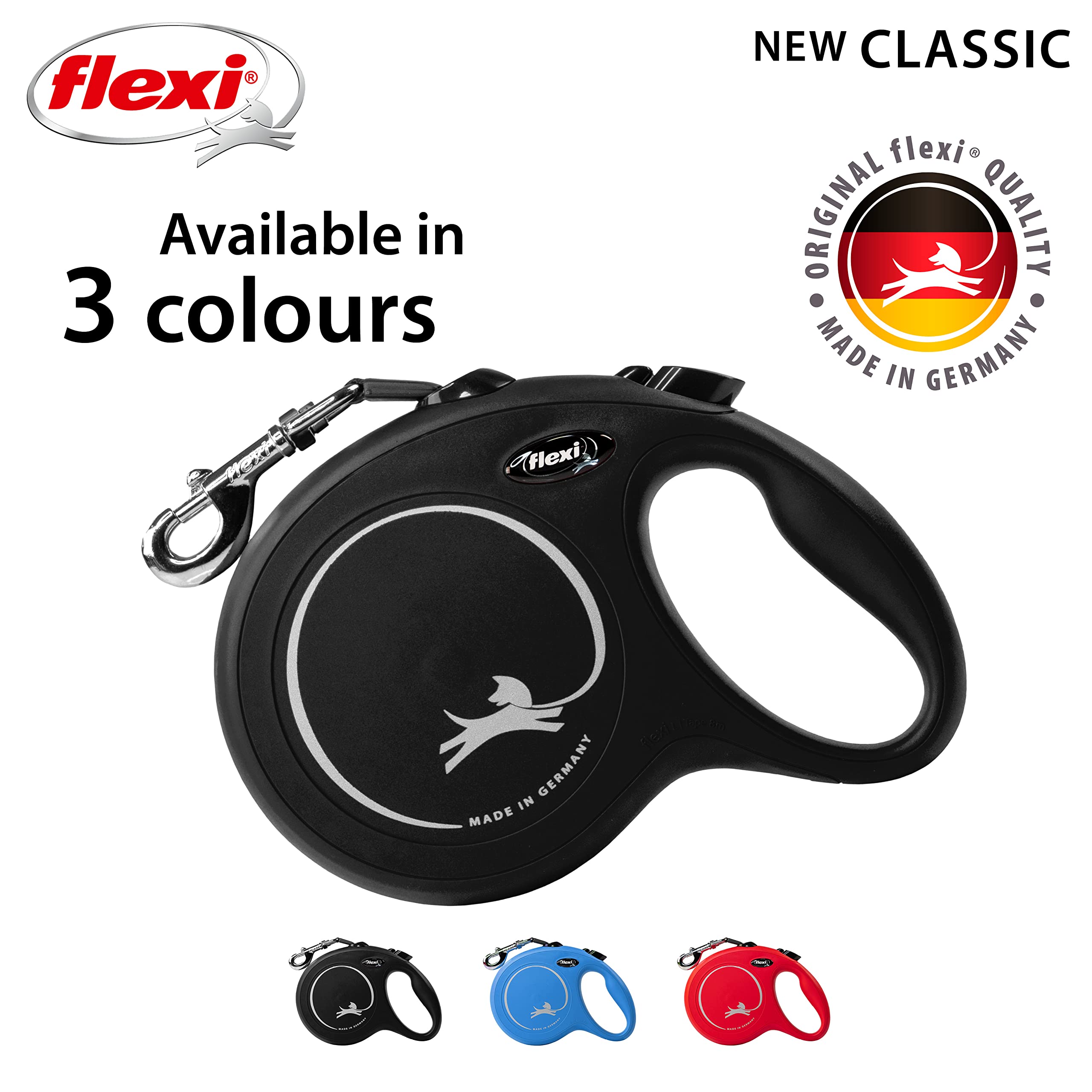 flexi New Classic Retractable Lead Tape Large 5m Black | For Dogs up to 50kg 5
