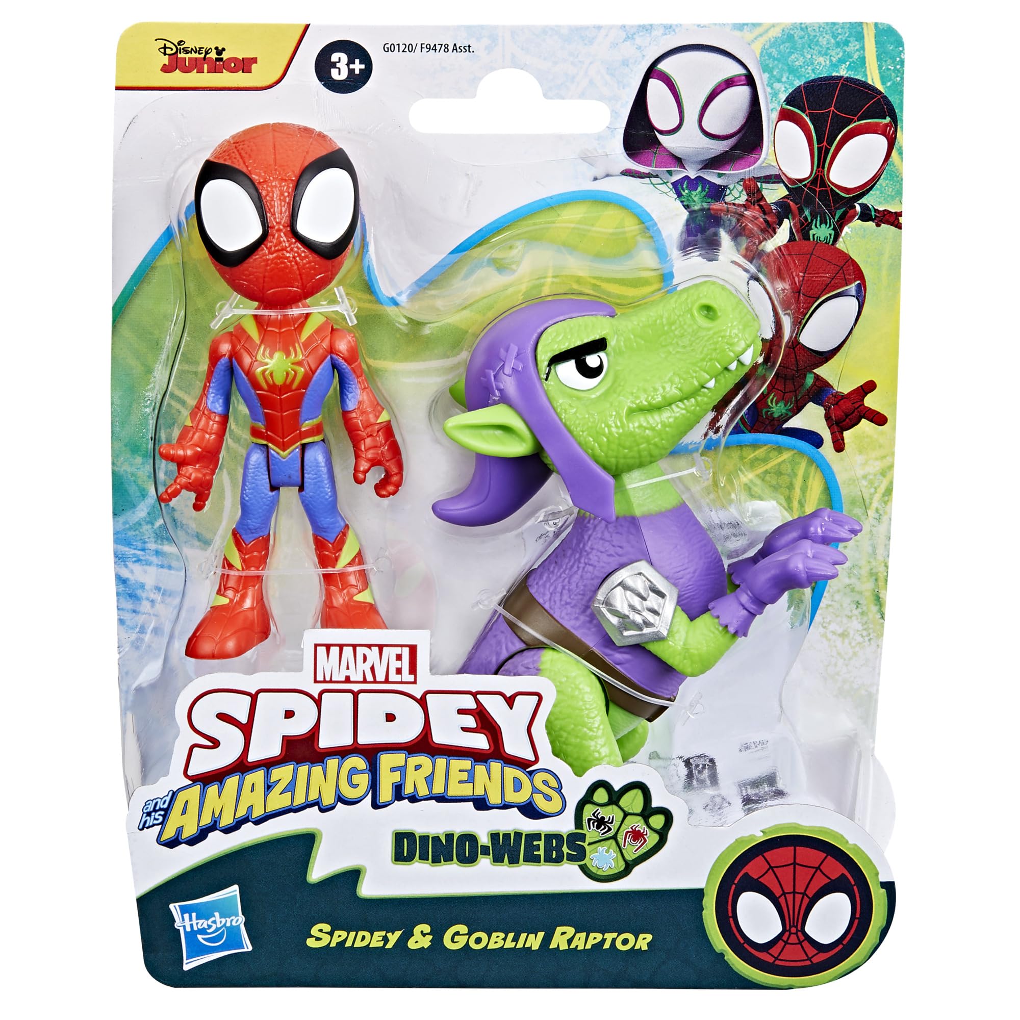 SPIDEY AND HIS AMAZING FRIENDS Dino-Webs Spidey & Goblin Raptor Dino 10 cm Action Figure Set (2 Figures)