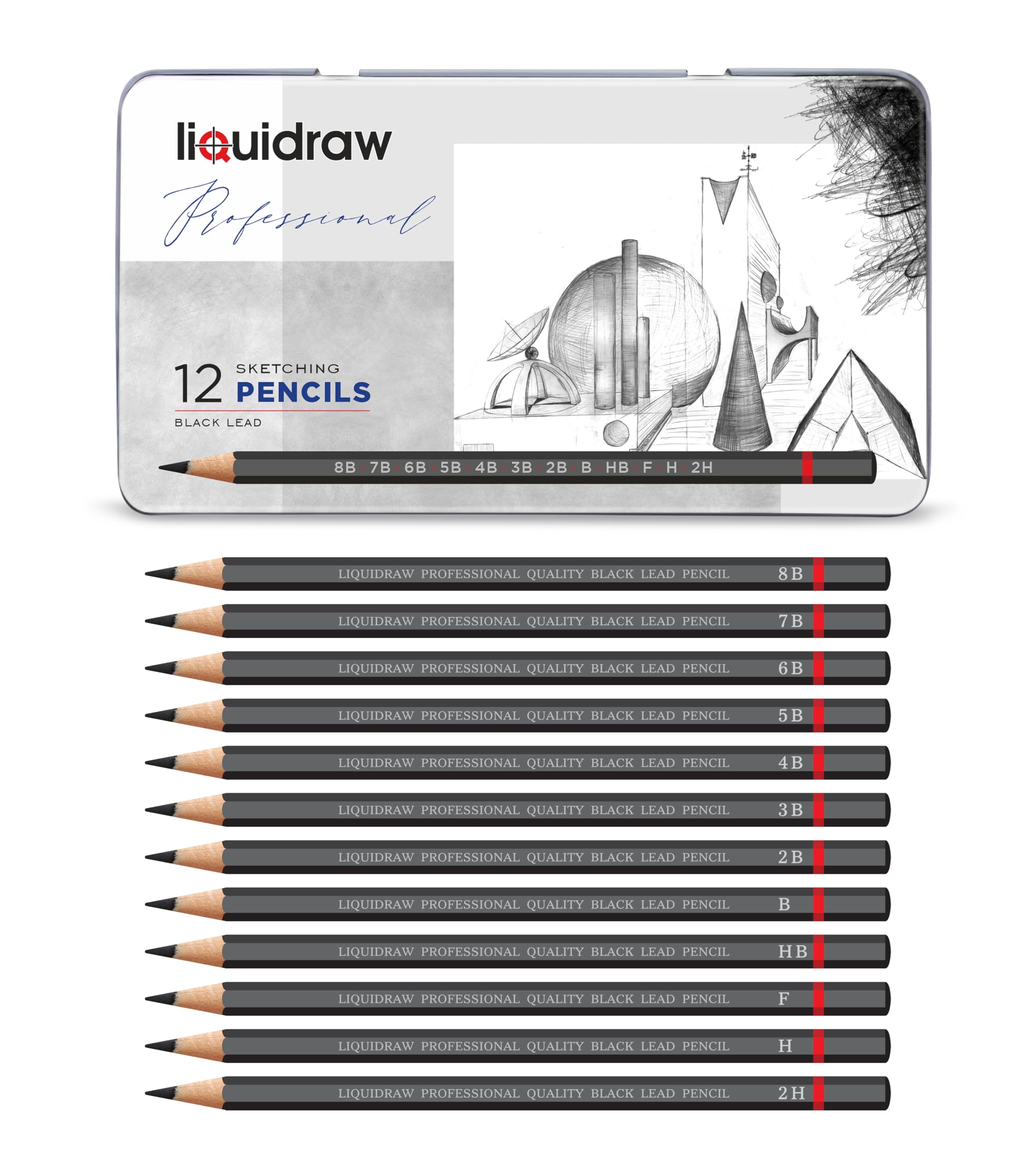 Liquidraw Drawing Pencils Set of 12 - Graded Graphite for Sketching & Shading | Includes Storage Tin 1