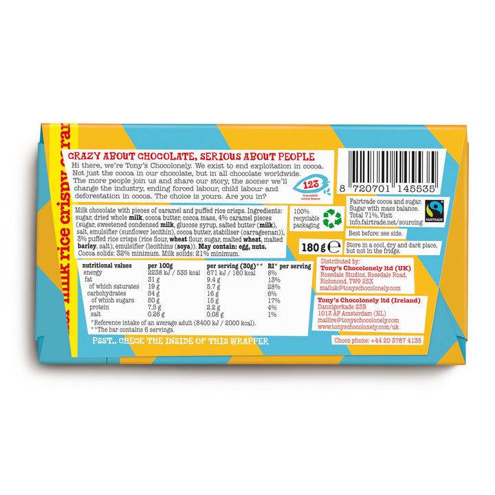 Tony's Chocolonely Milk Chocolate Rice Crispy Caramel Bar - 180g
