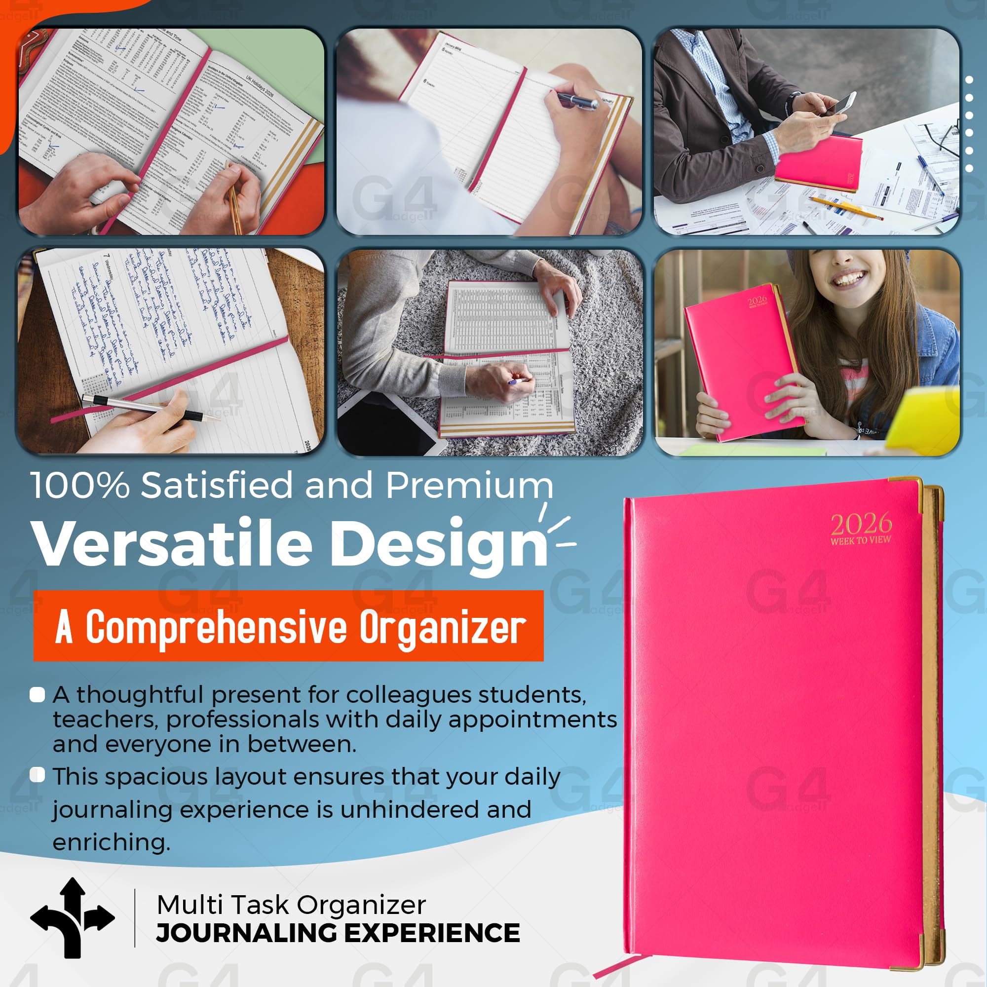 G4GADGET 2026 A5 Week to View Diary - Pink Hardback with Gilt Edges | UK Holidays Included 5